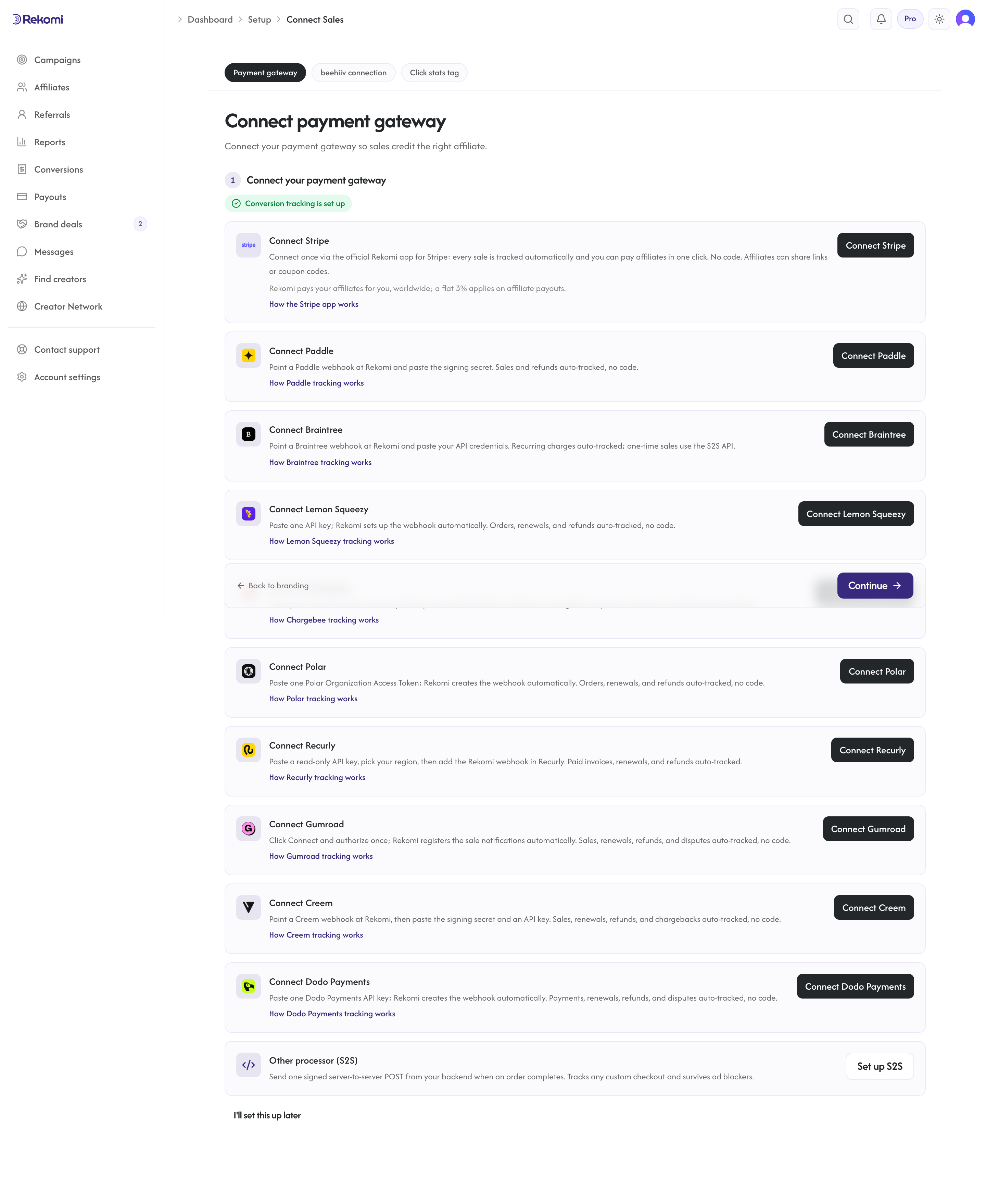 The connect payment gateway step listing all eleven supported gateways: Stripe, Paddle, Braintree, Lemon Squeezy, Chargebee, Polar, Recurly, Gumroad, Creem, Dodo Payments, and Mollie