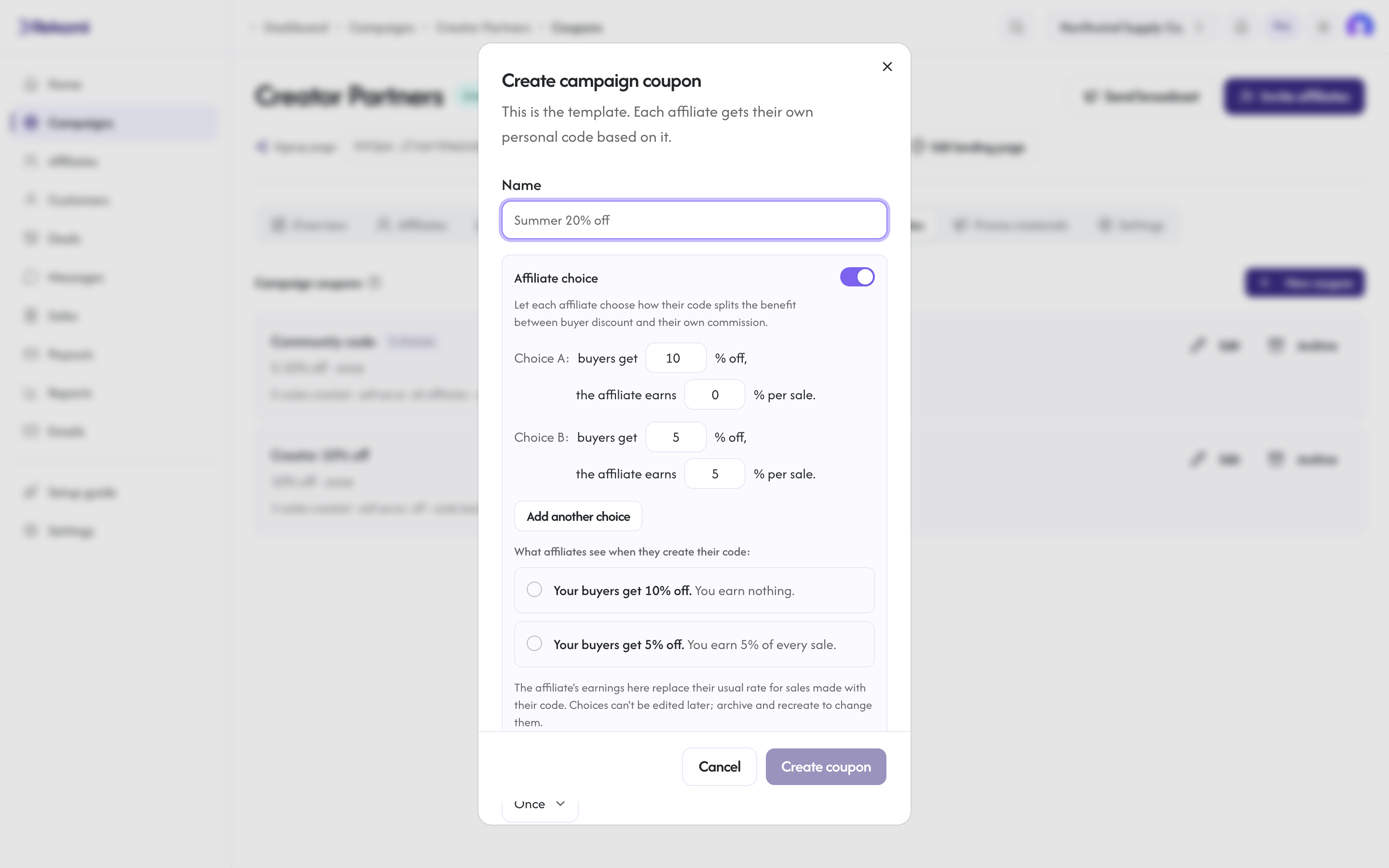 The coupon create dialog with Affiliate choice on, two sentence rows, and the live preview of what affiliates see