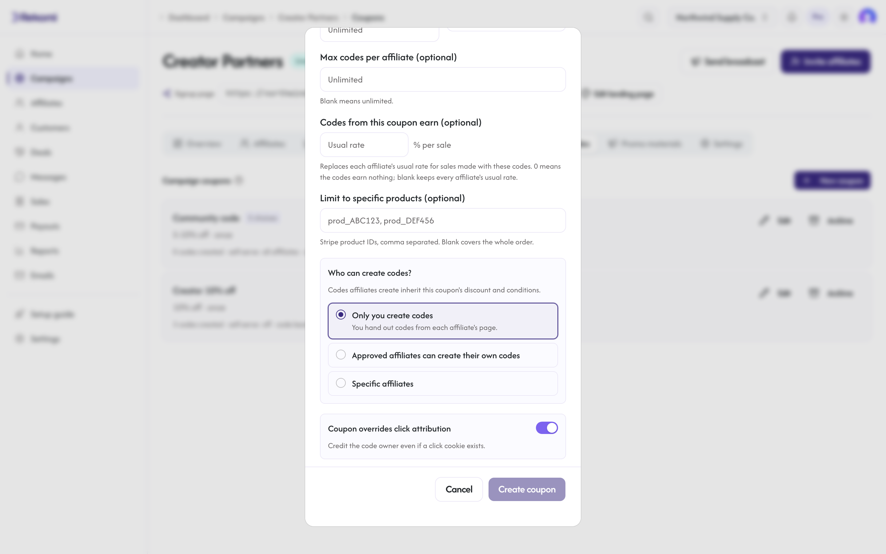 The coupon create dialog with the optional codes-from-this-coupon-earn field