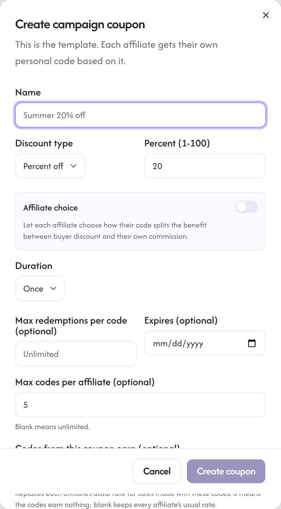 The coupon create dialog with the optional codes-from-this-coupon-earn field