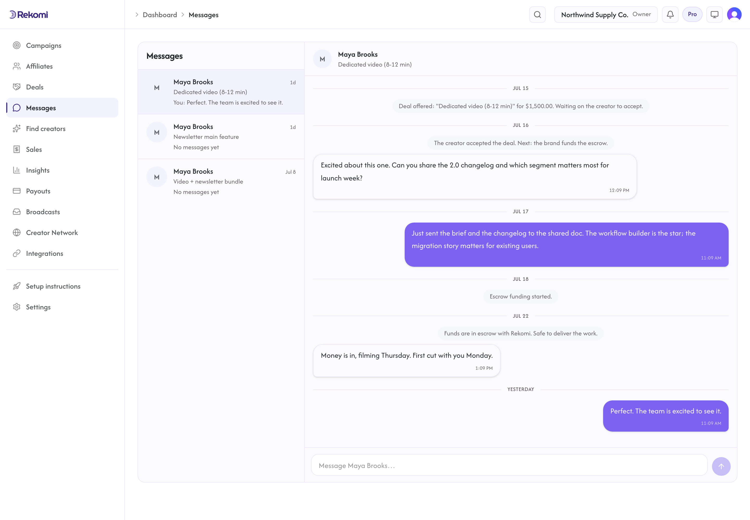 A deal conversation with escrow events inline