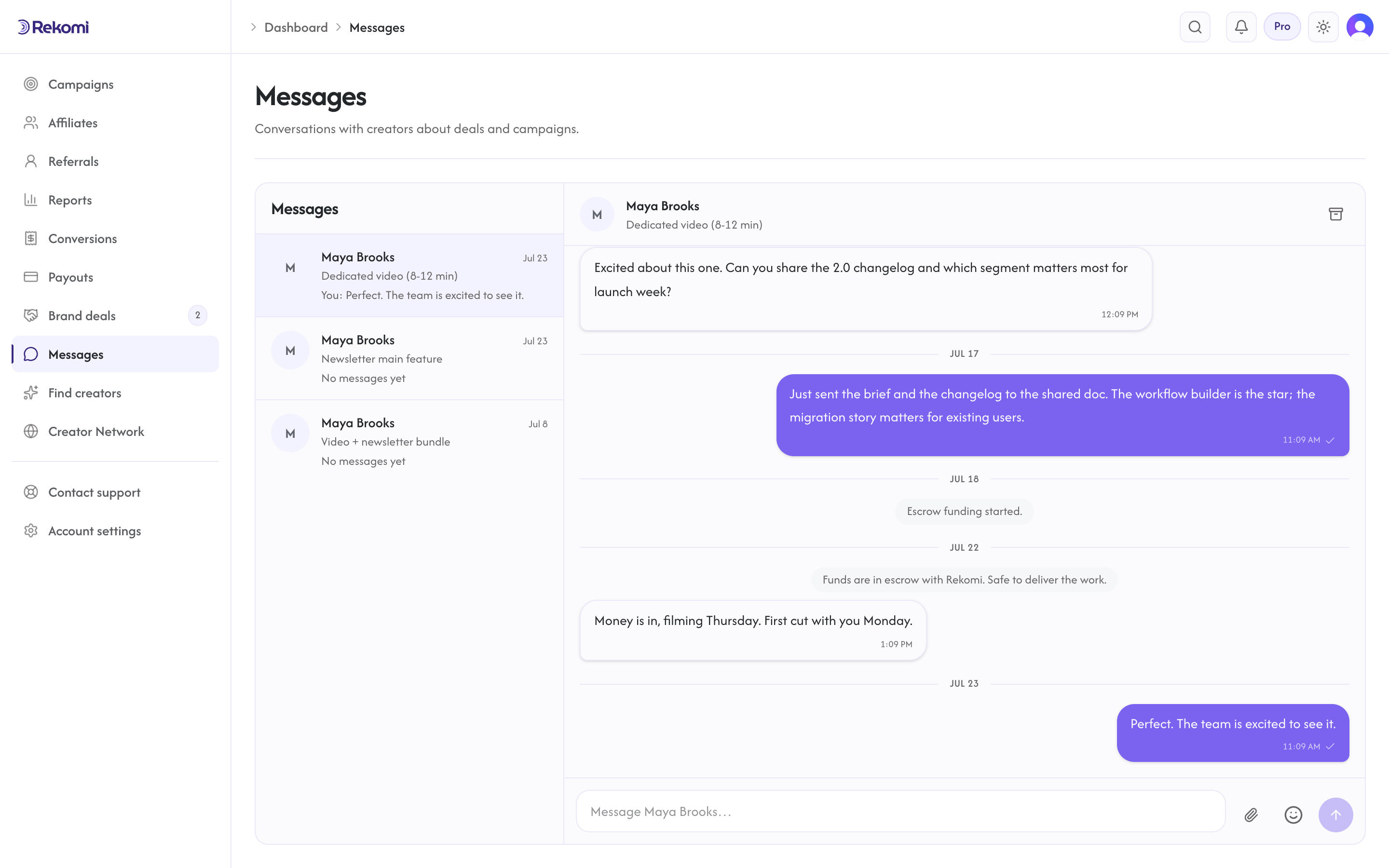 A deal conversation with escrow events inline