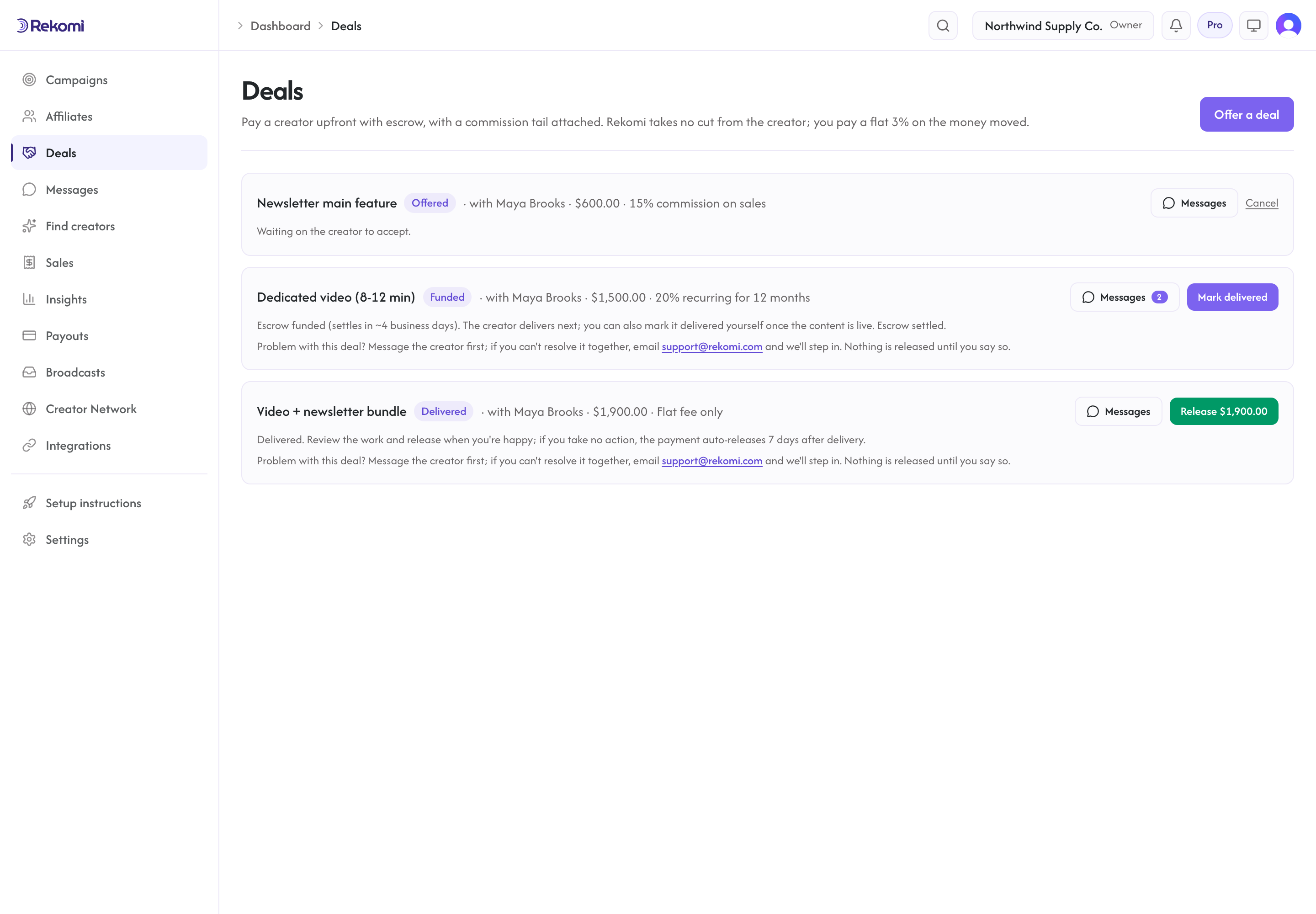 The Deals page: an offer waiting, a funded deal, and a delivered deal ready to release