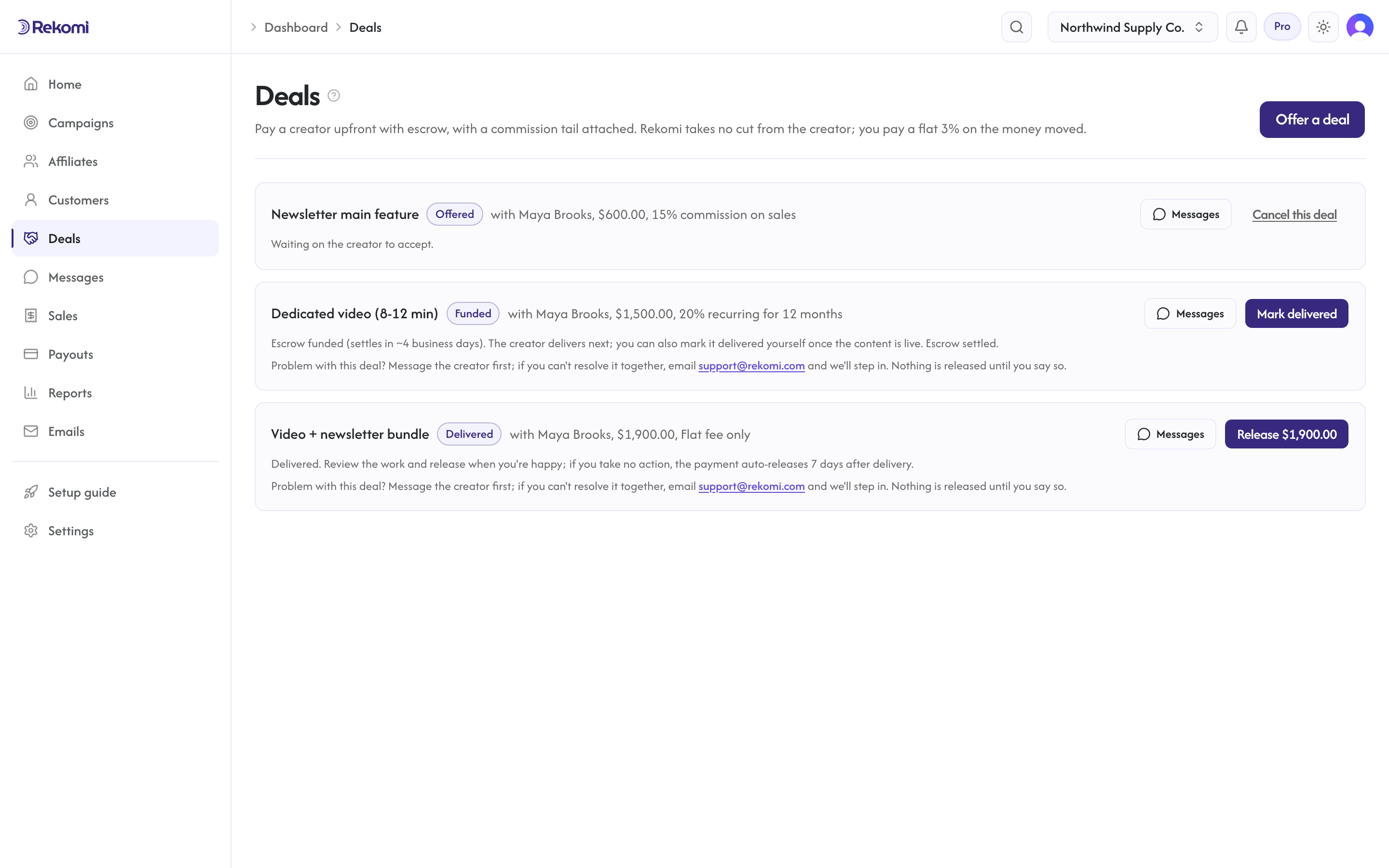 The Deals page: an offer waiting, a funded deal, and a delivered deal ready to release
