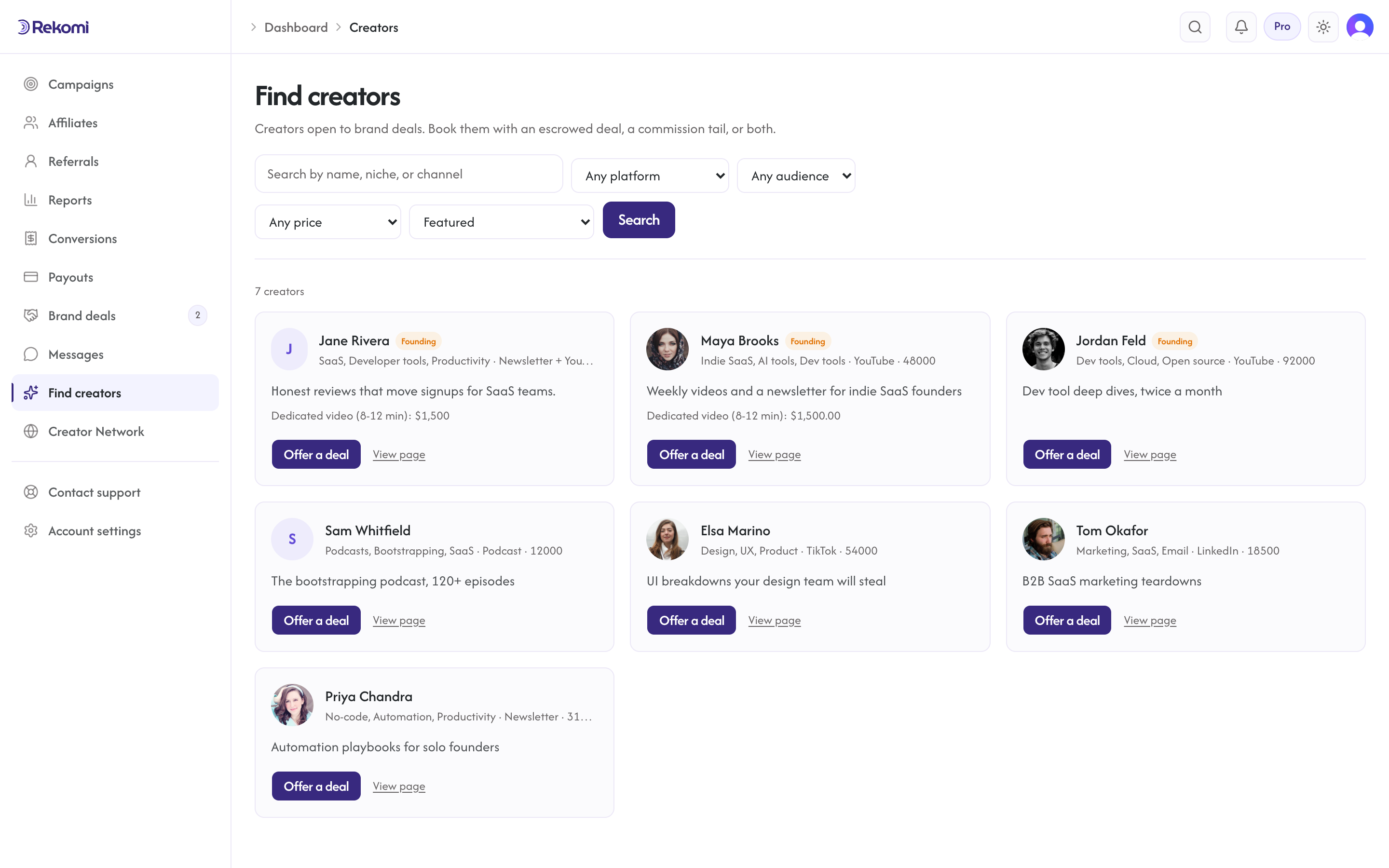 The Find creators directory of vetted creators with public pages