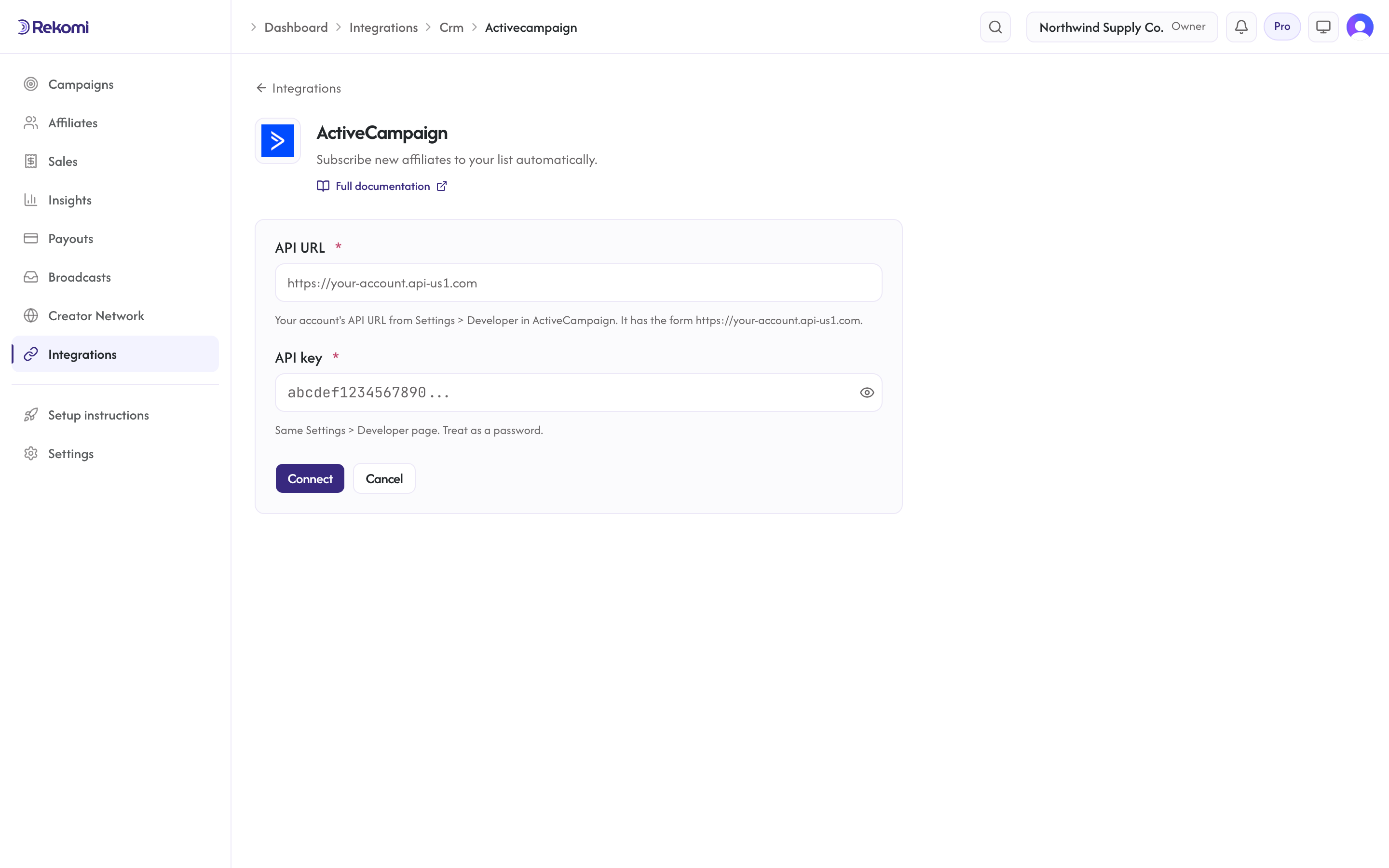 The ActiveCampaign connect form in Rekomi with the API URL and API key inputs and Connect button
