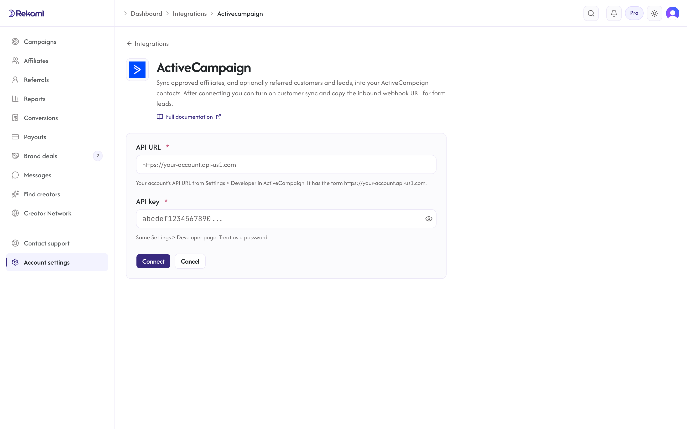 The ActiveCampaign connect form in Rekomi with the API URL and API key inputs and Connect button
