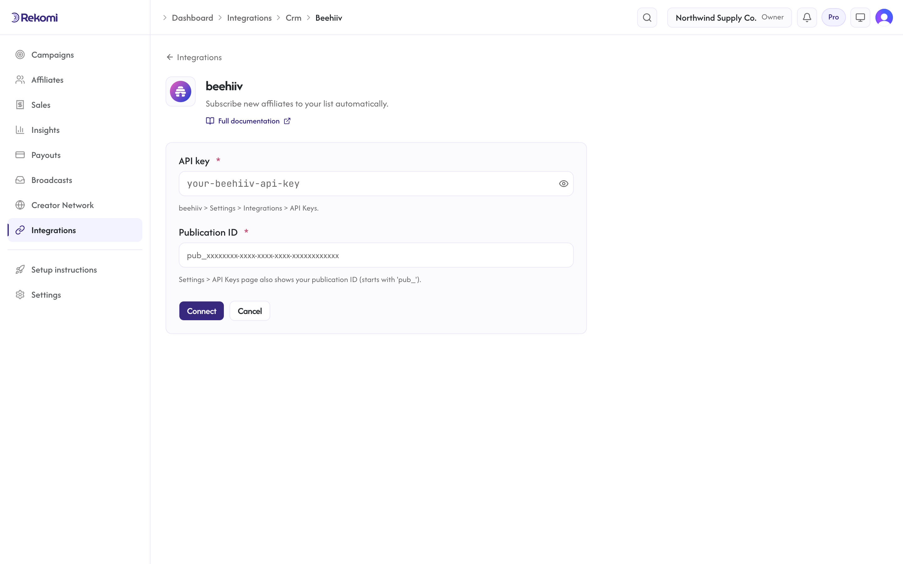 The beehiiv connect form in Rekomi with the API key and Publication ID inputs and Connect button