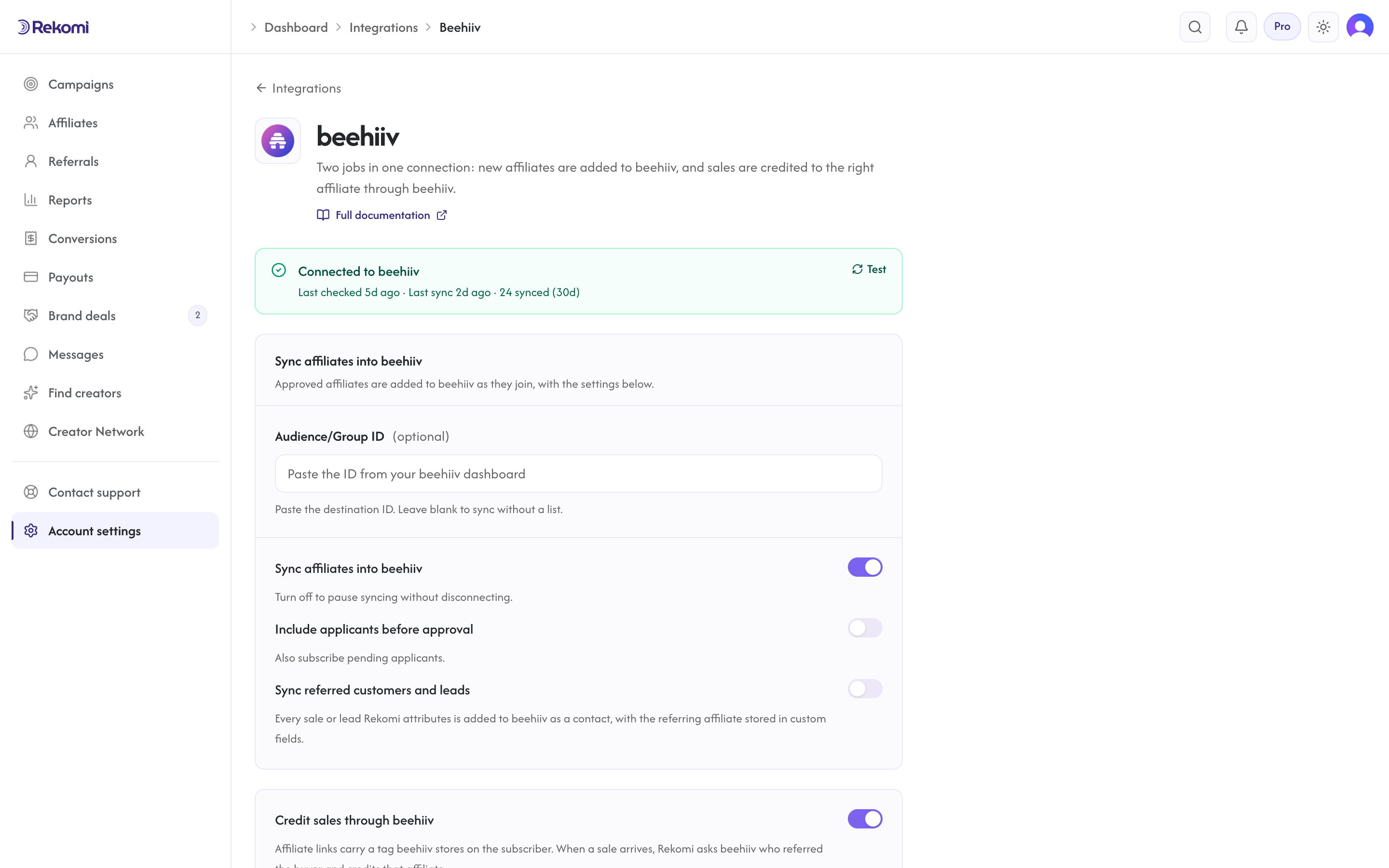 The beehiiv connect form in Rekomi with the API key and Publication ID inputs and Connect button