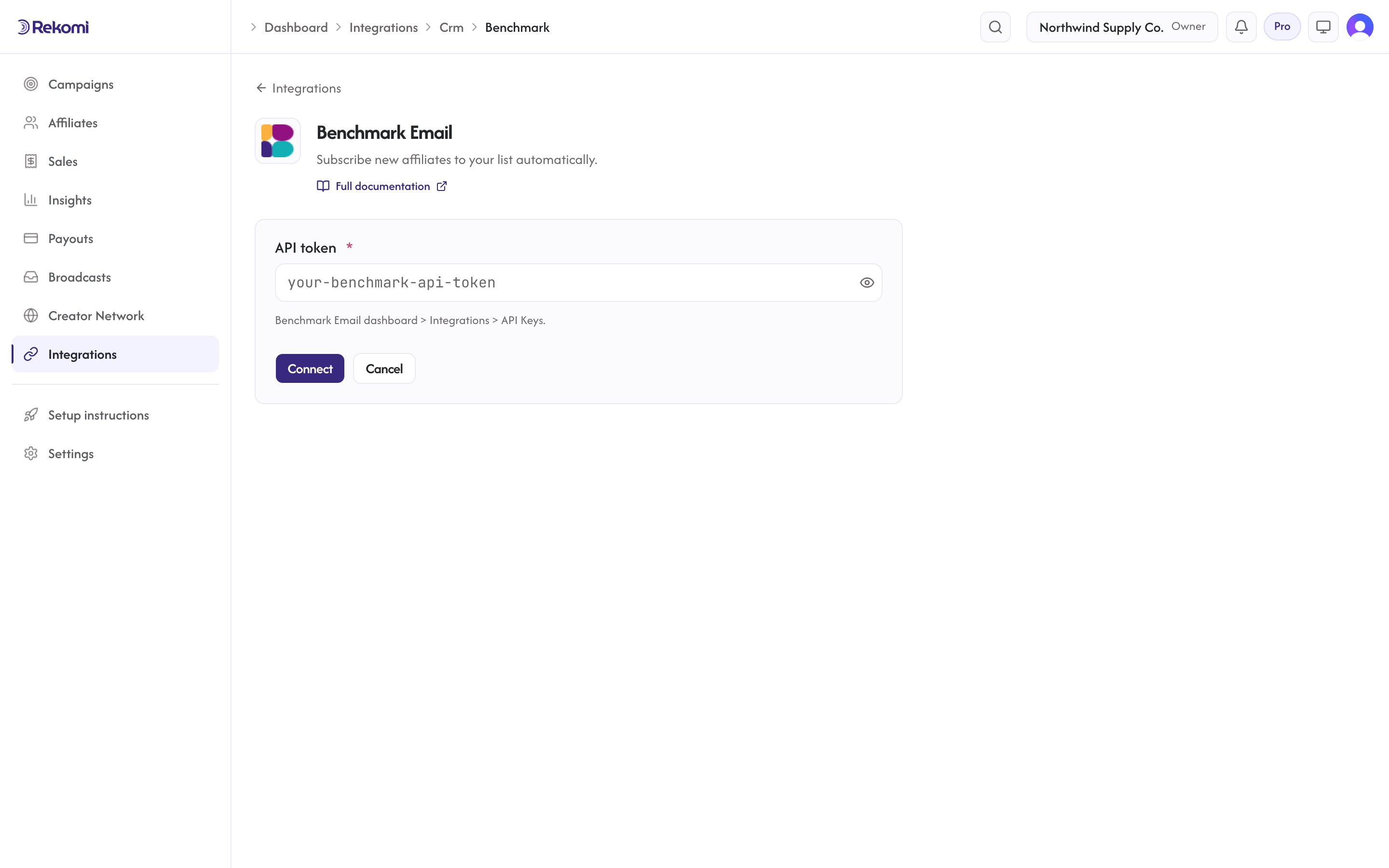 The Benchmark Email connect form in Rekomi with the API token input and Connect button