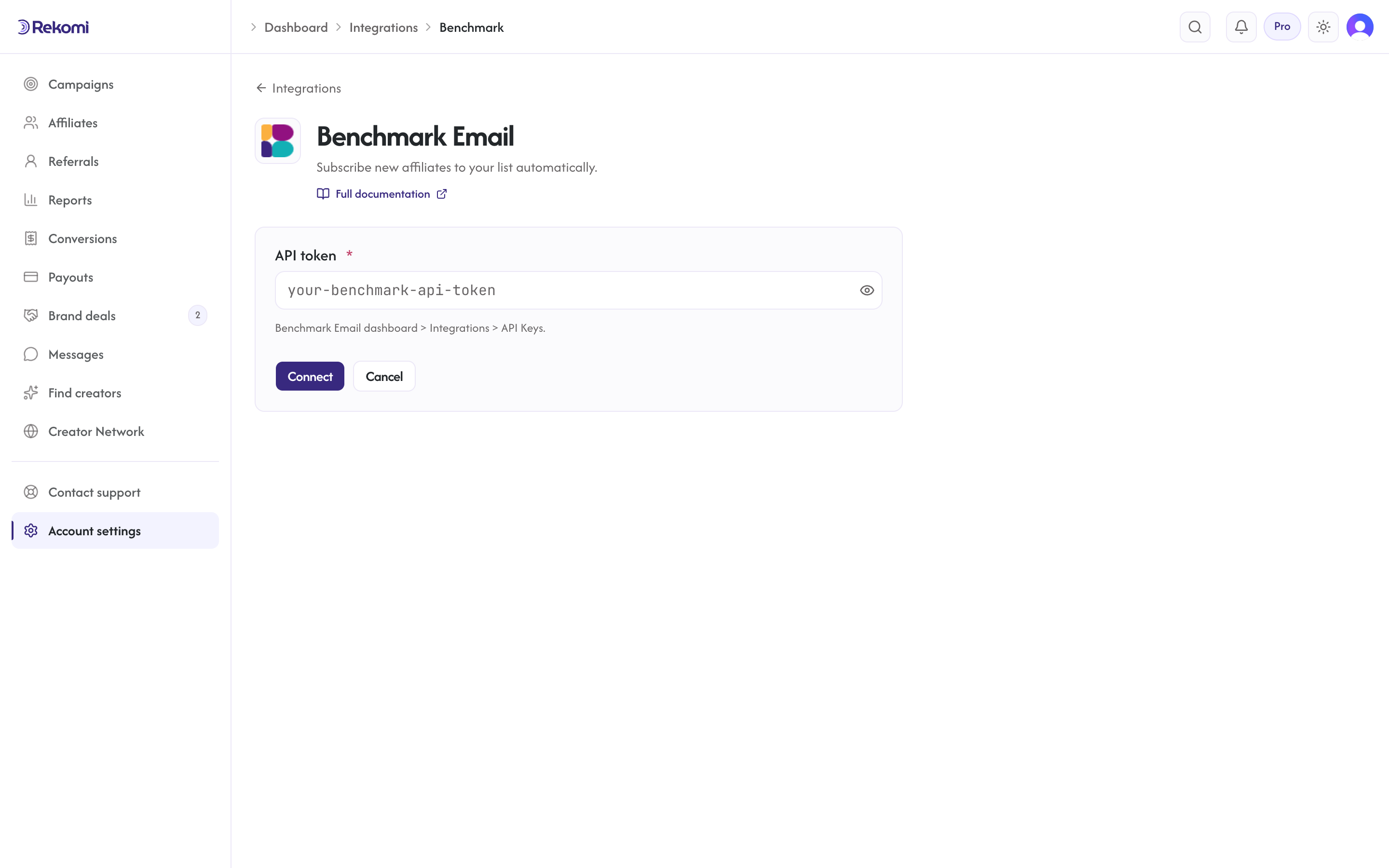 The Benchmark Email connect form in Rekomi with the API token input and Connect button