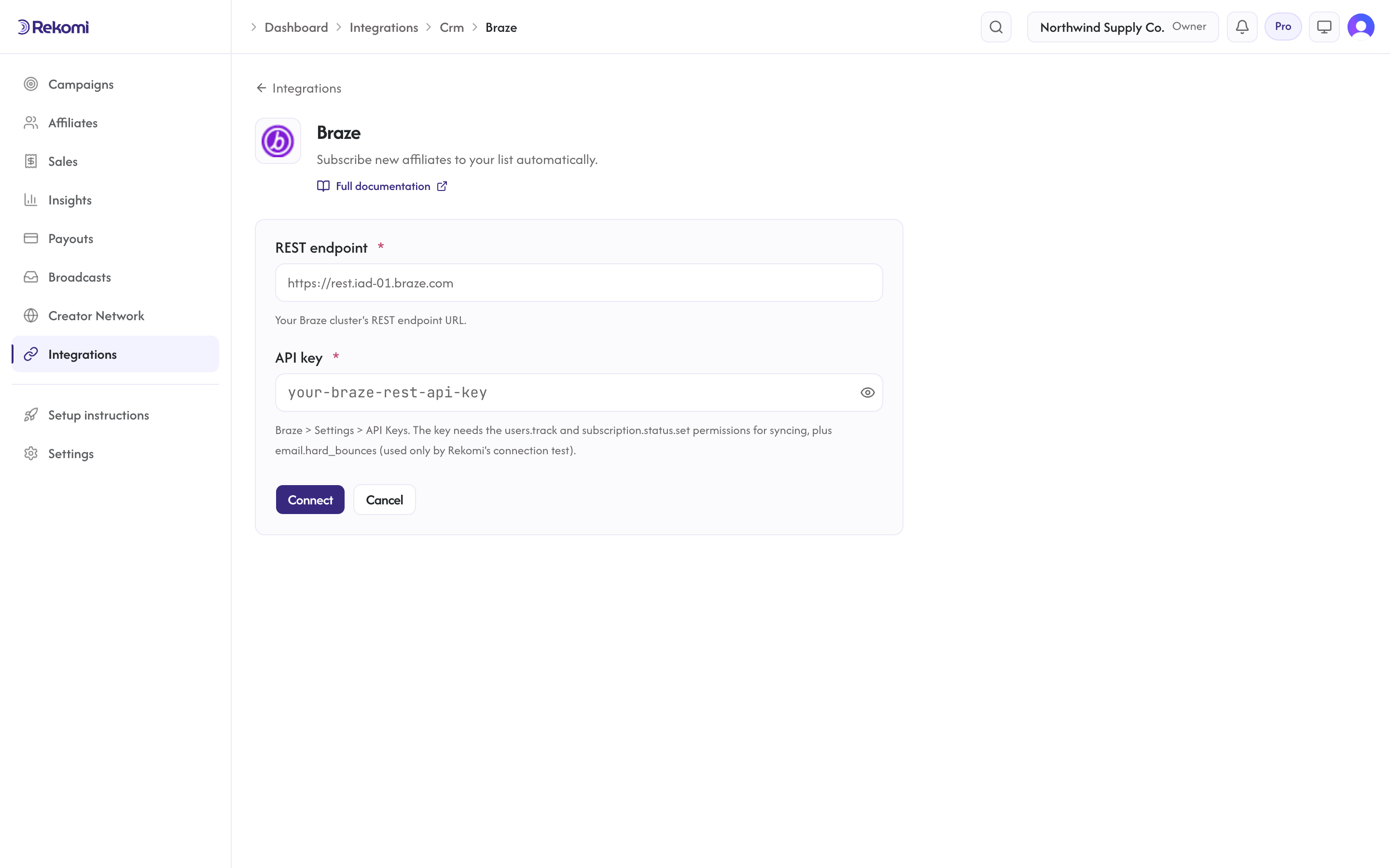 The Braze connect form in Rekomi with the REST endpoint and API key inputs and Connect button