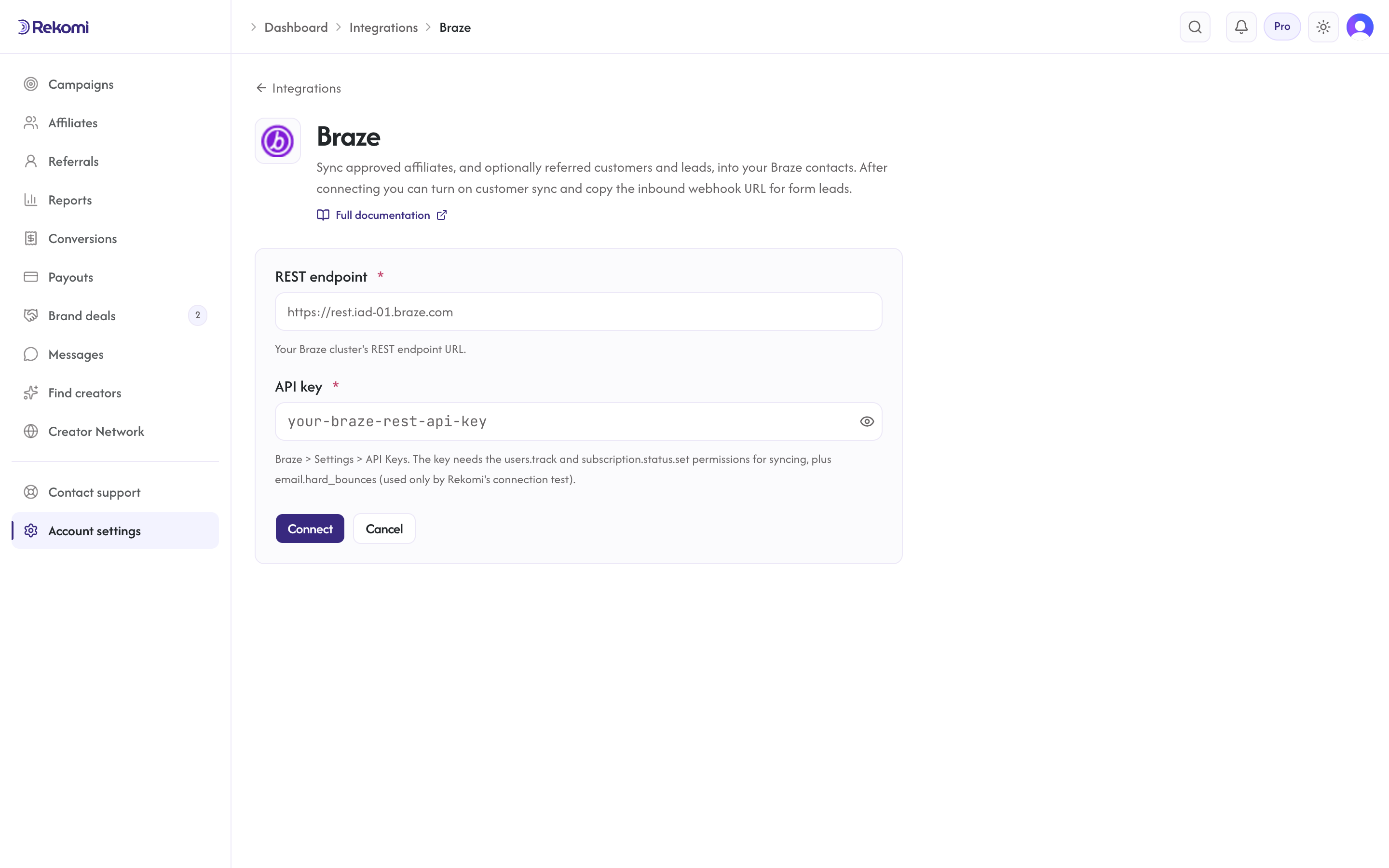 The Braze connect form in Rekomi with the REST endpoint and API key inputs and Connect button