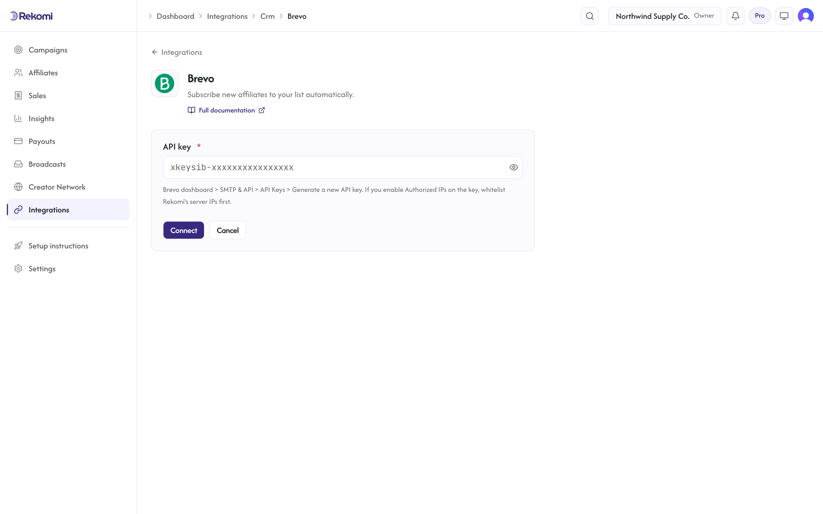 The Brevo connect form in Rekomi with the API key input and Connect button