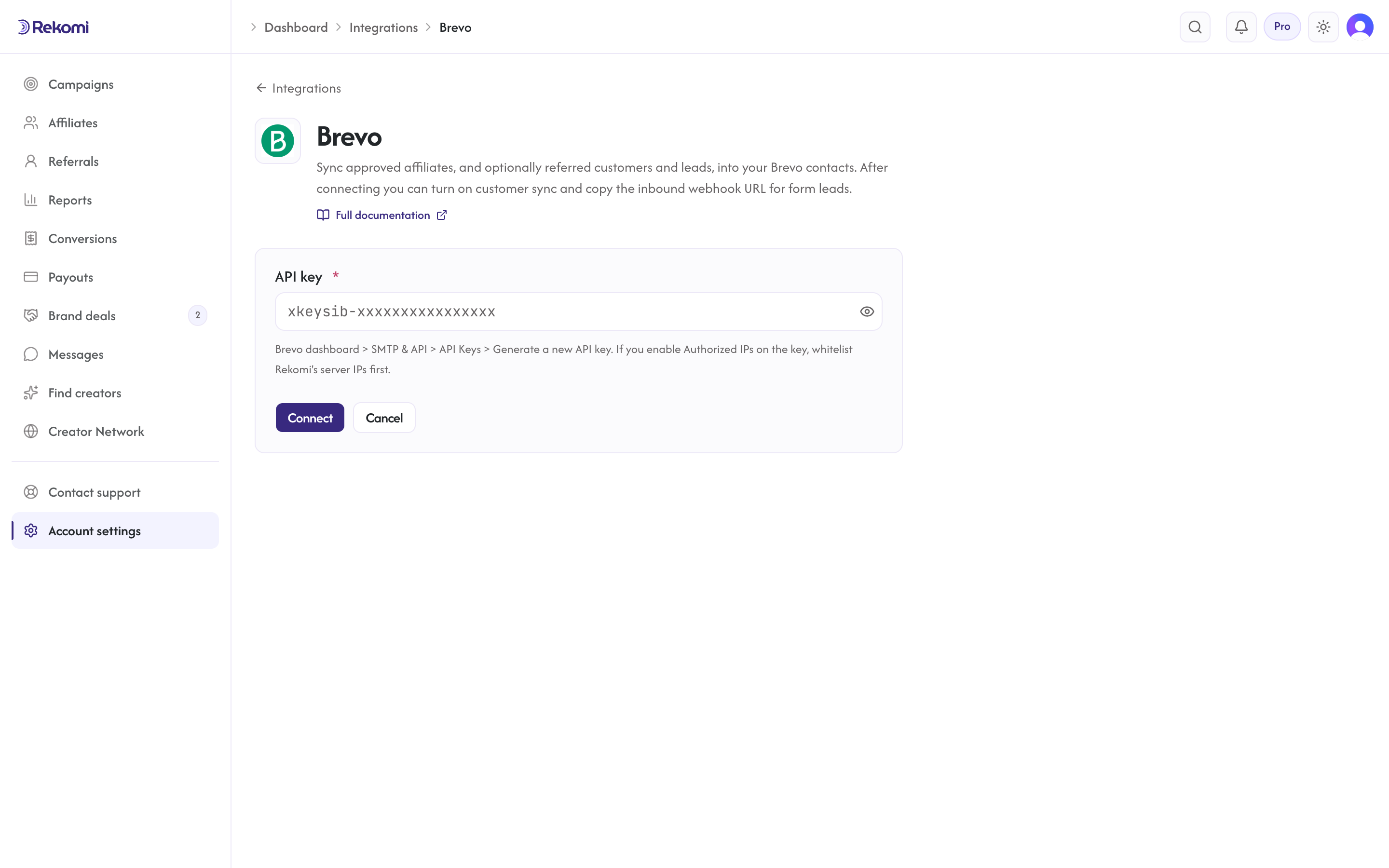 The Brevo connect form in Rekomi with the API key input and Connect button
