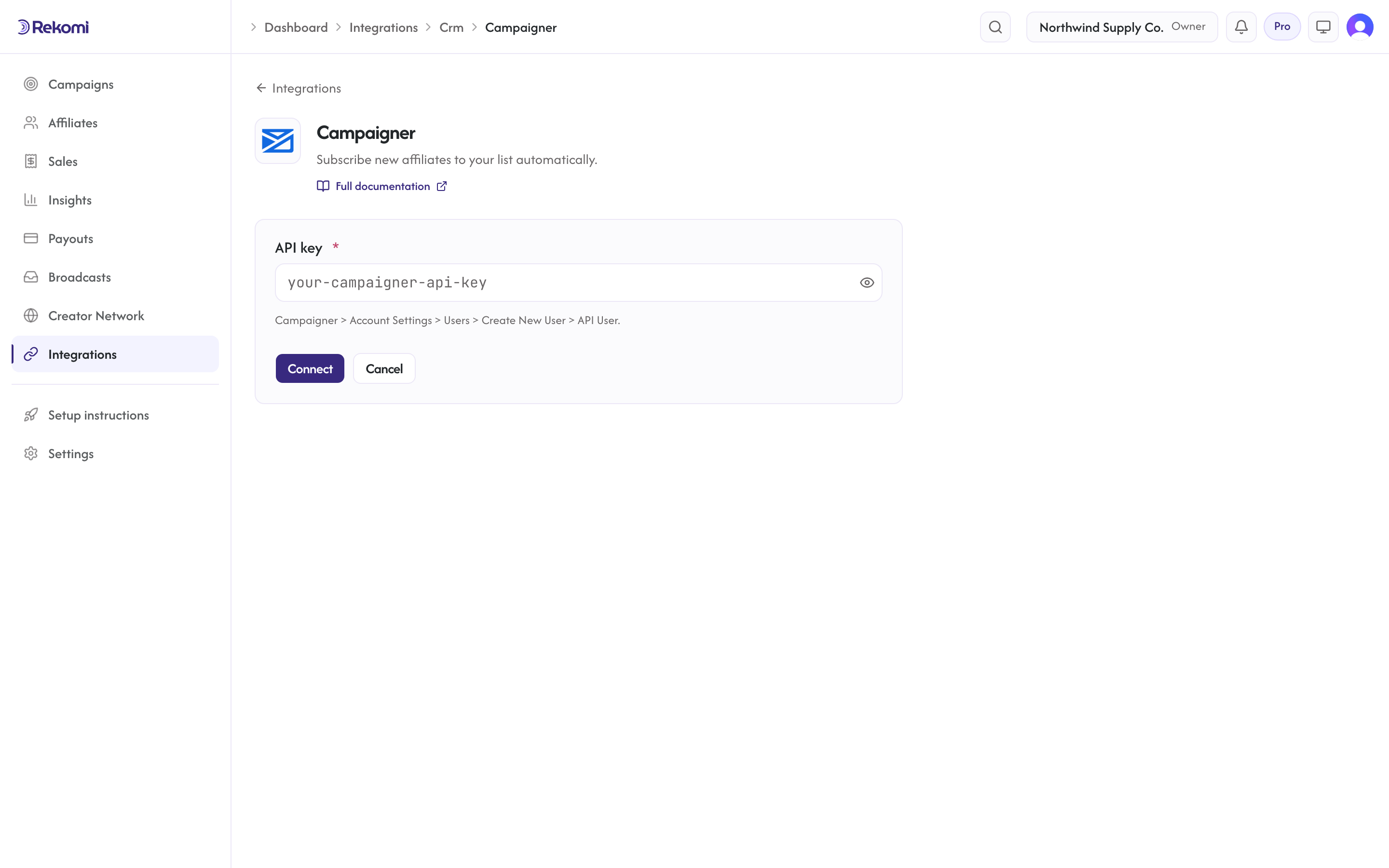The Campaigner connect form in Rekomi with the API key input and Connect button