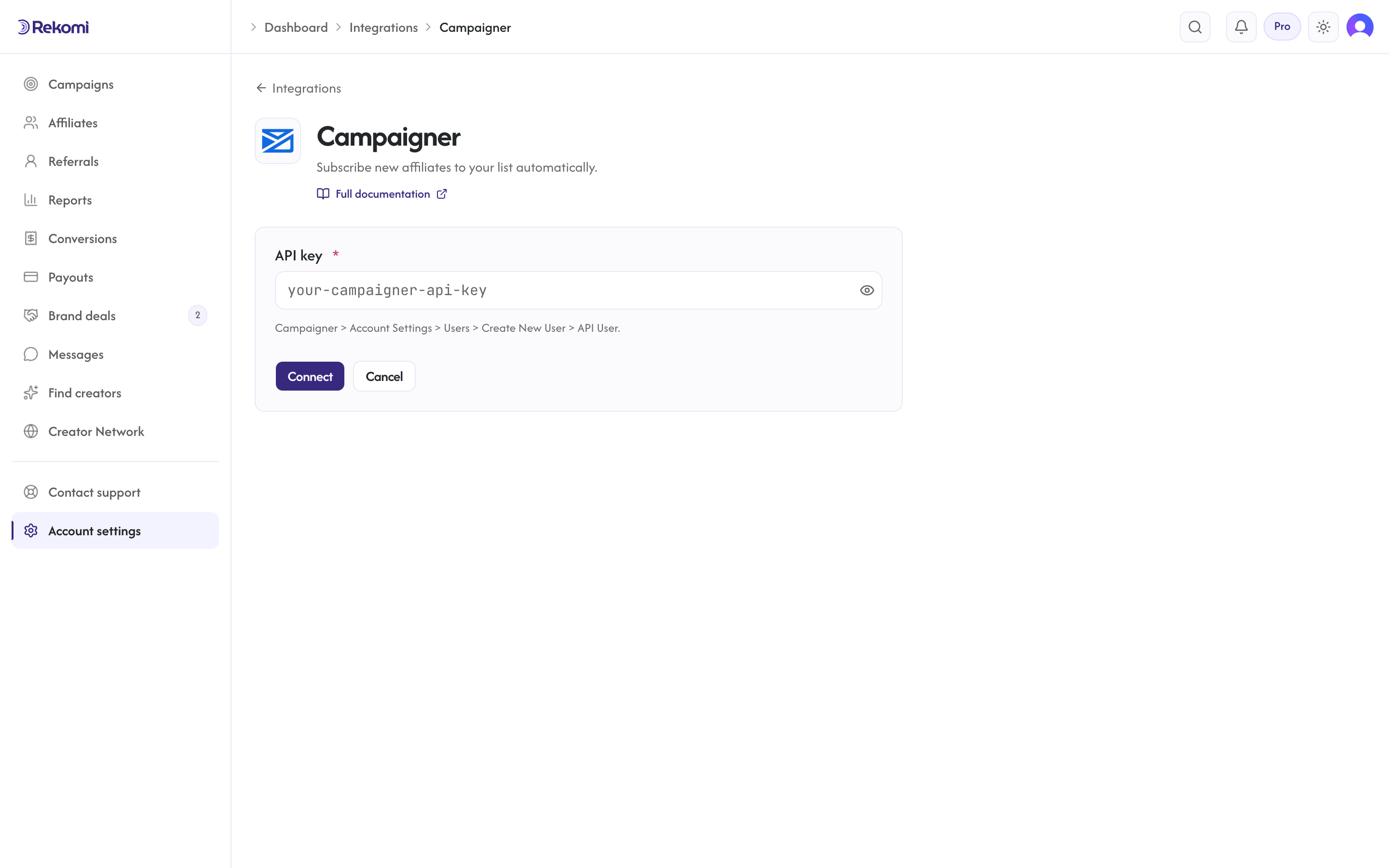 The Campaigner connect form in Rekomi with the API key input and Connect button