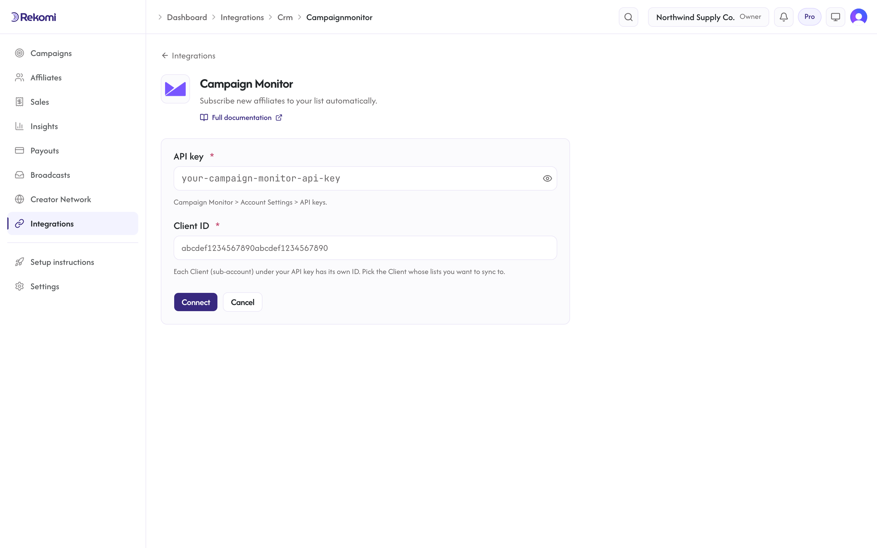 The Campaign Monitor connect form in Rekomi with the API key and Client ID inputs and Connect button