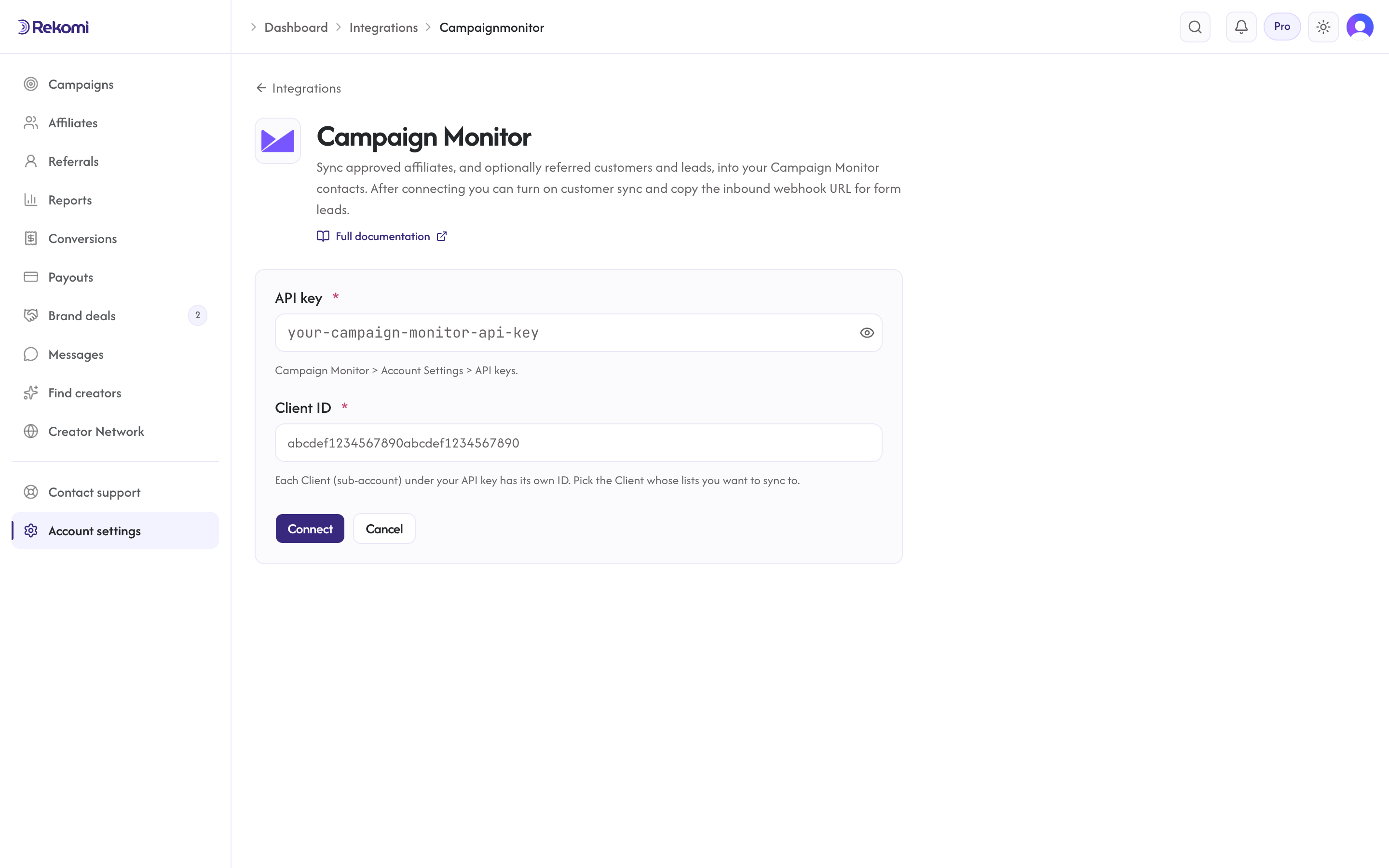 The Campaign Monitor connect form in Rekomi with the API key and Client ID inputs and Connect button