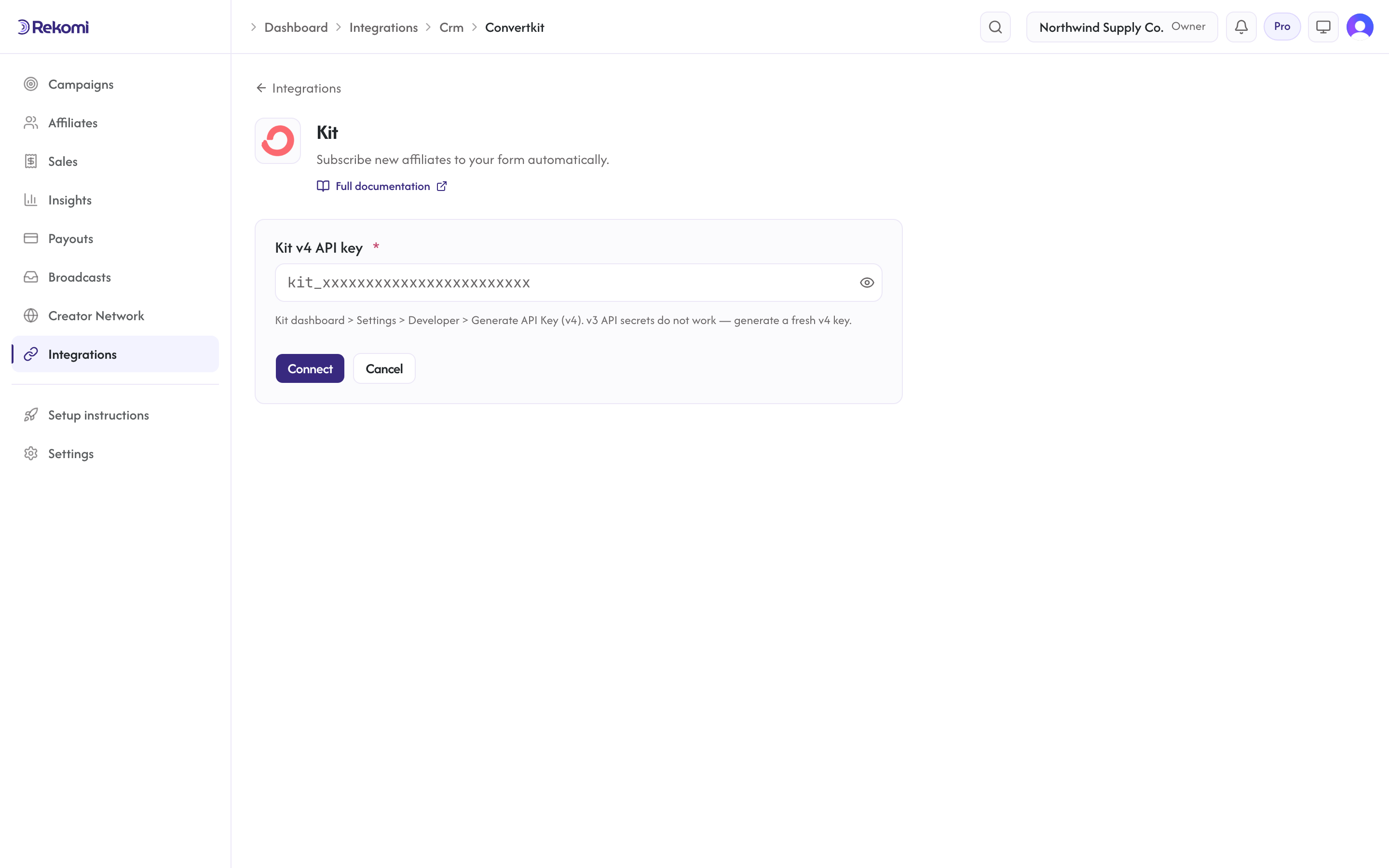 The Kit (ConvertKit) connect form in Rekomi with the Kit v4 API key input and Connect button