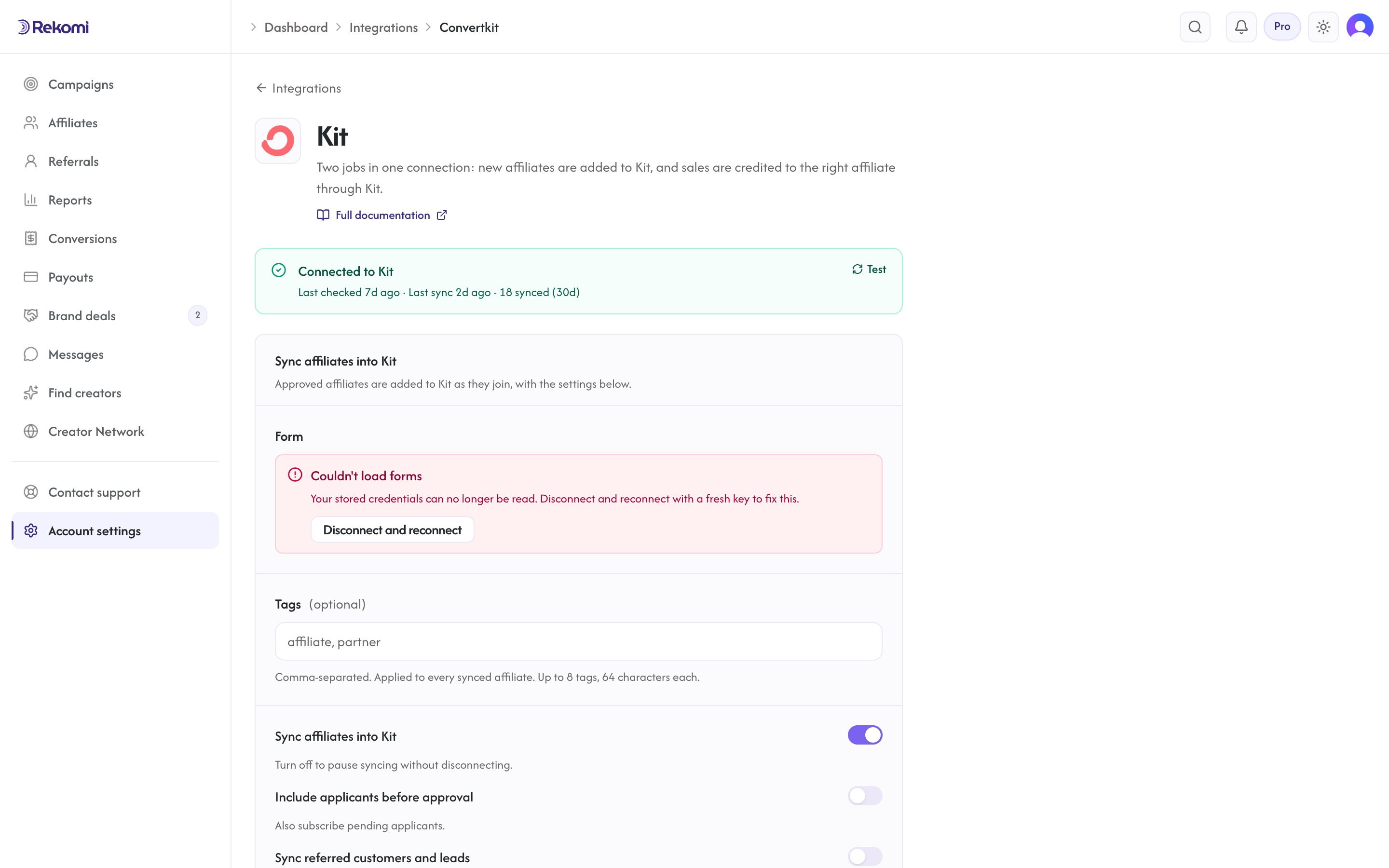 The Kit (ConvertKit) connect form in Rekomi with the Kit v4 API key input and Connect button