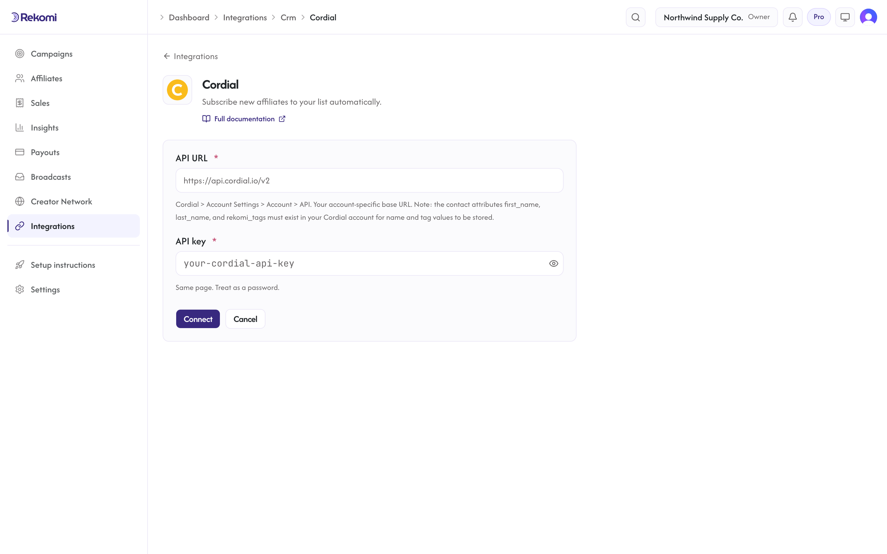 The Cordial connect form in Rekomi with the API URL and API key inputs and Connect button
