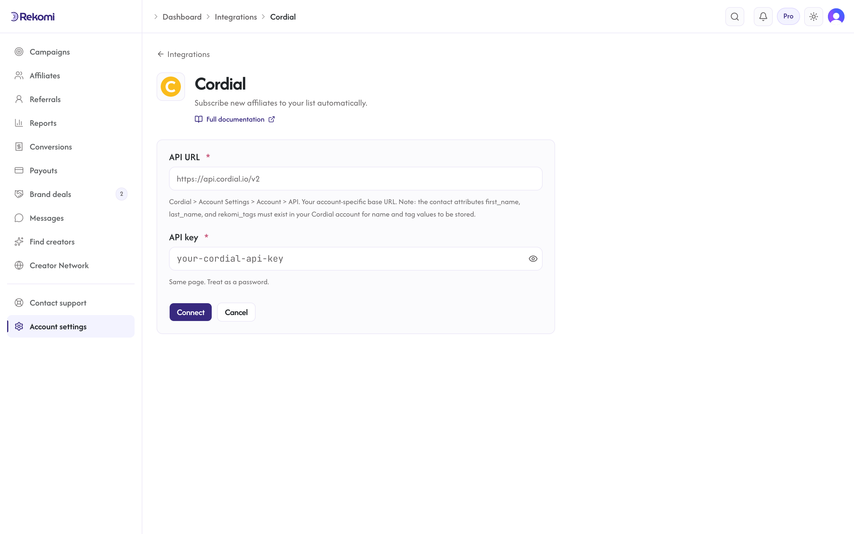 The Cordial connect form in Rekomi with the API URL and API key inputs and Connect button
