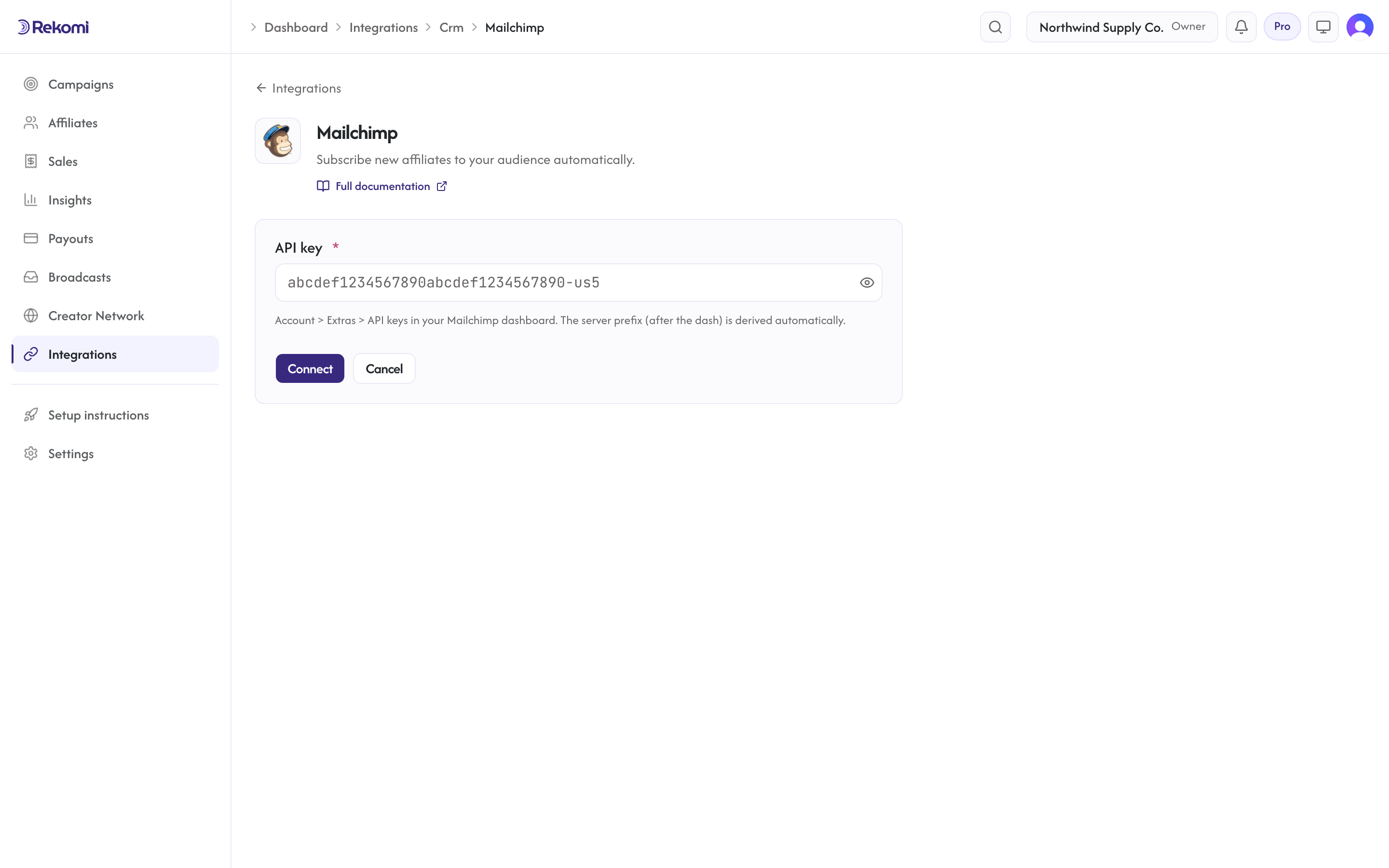 A CRM provider detail page in Rekomi before connecting, showing the connect form with the credential field and Connect button