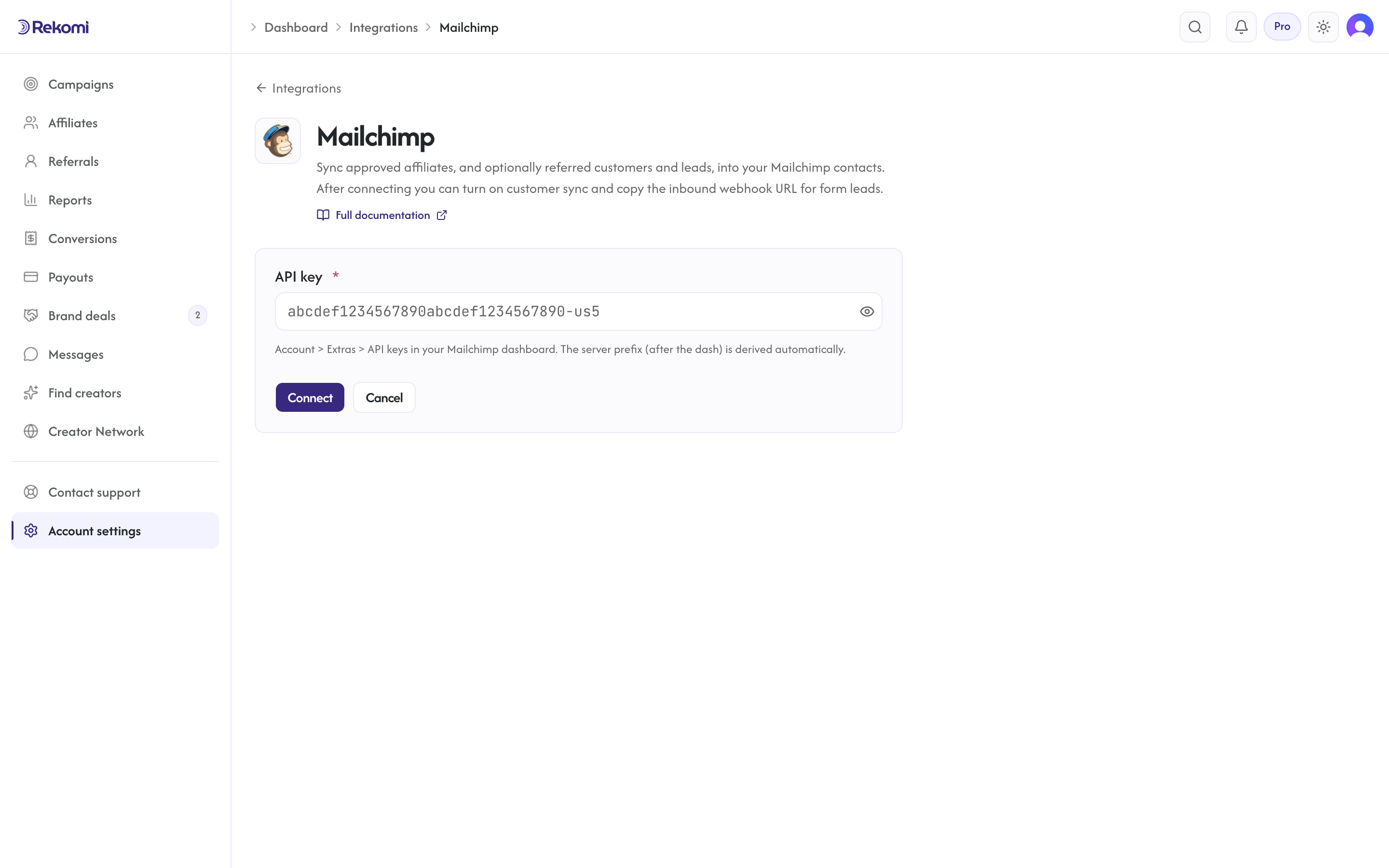 A CRM provider detail page in Rekomi before connecting, showing the connect form with the credential field and Connect button