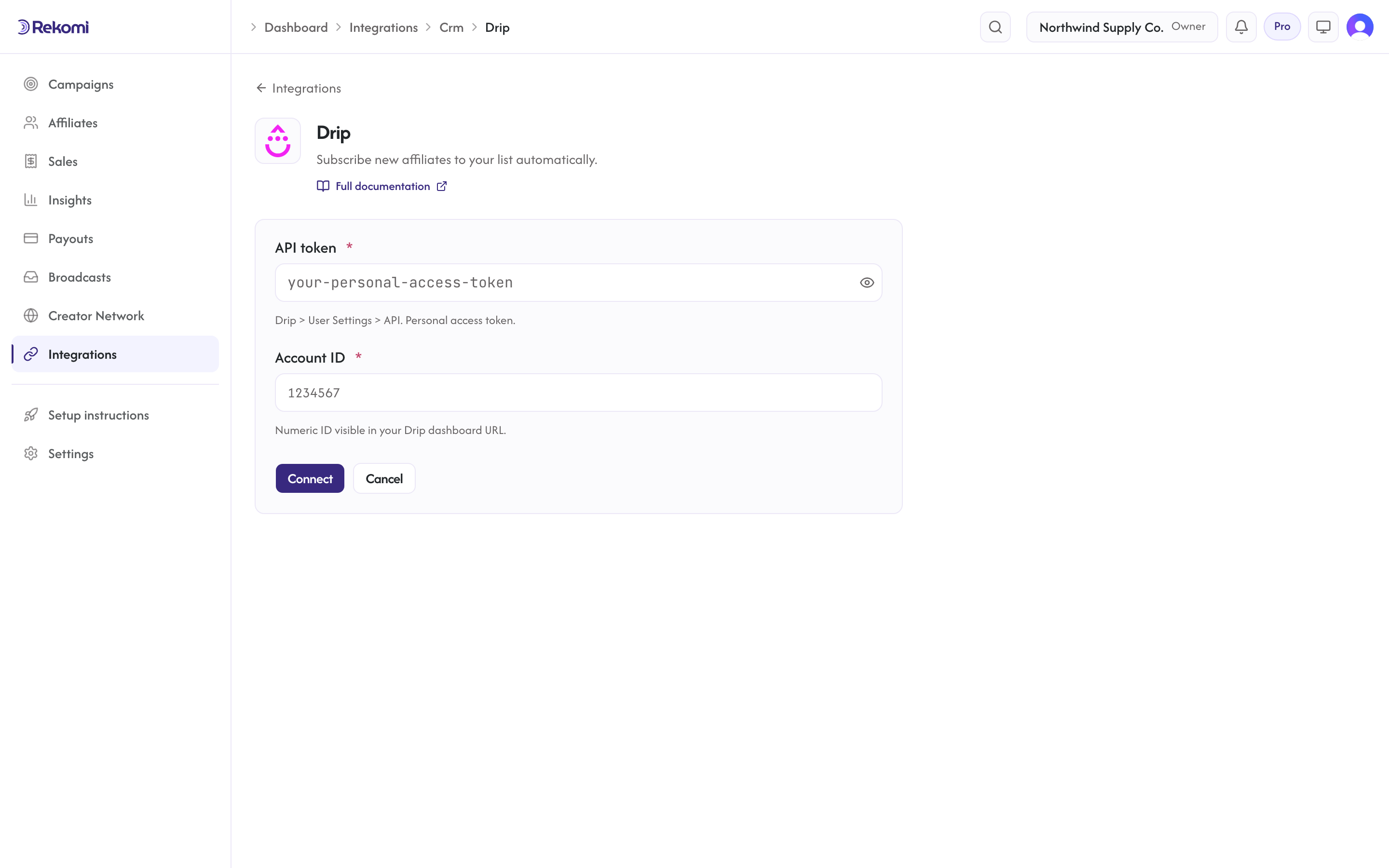 The Drip connect form in Rekomi with the API token and Account ID inputs and Connect button