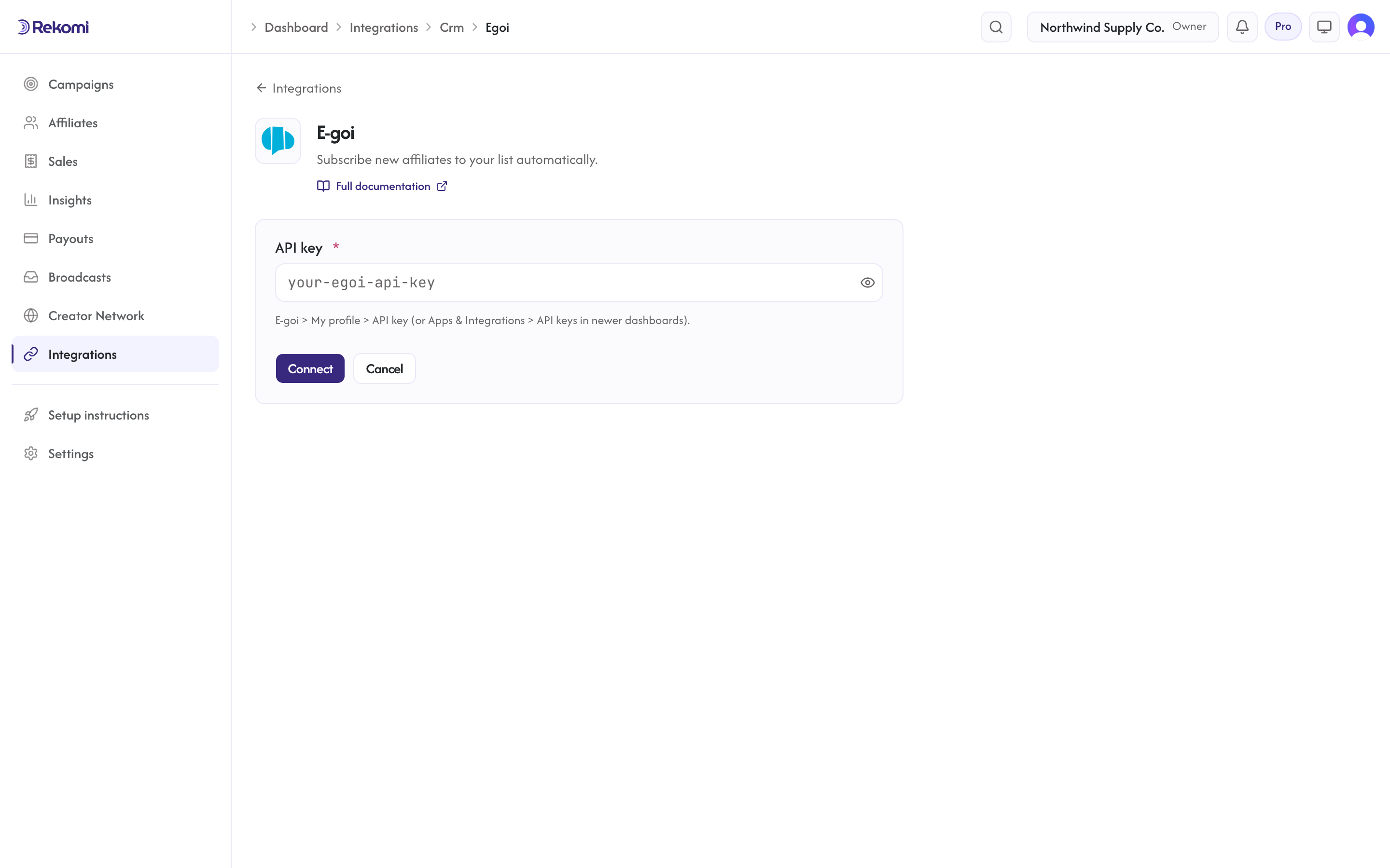 The E-goi connect form in Rekomi with the API key input and Connect button