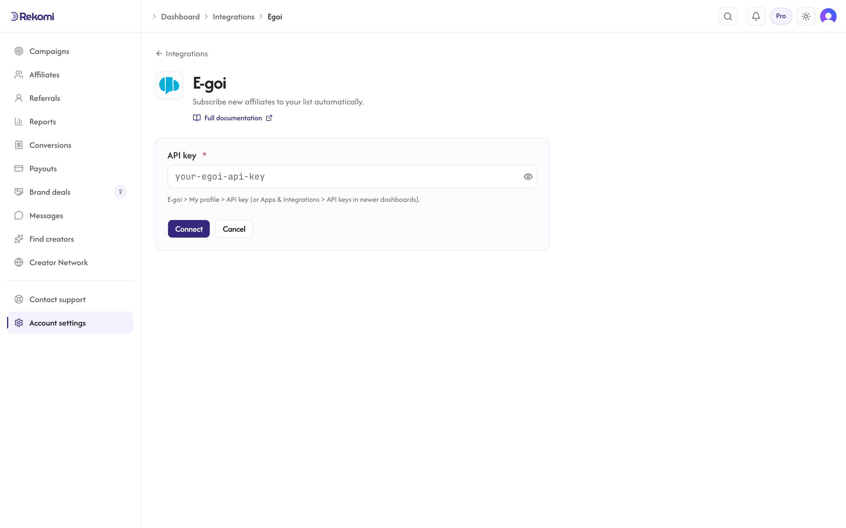 The E-goi connect form in Rekomi with the API key input and Connect button