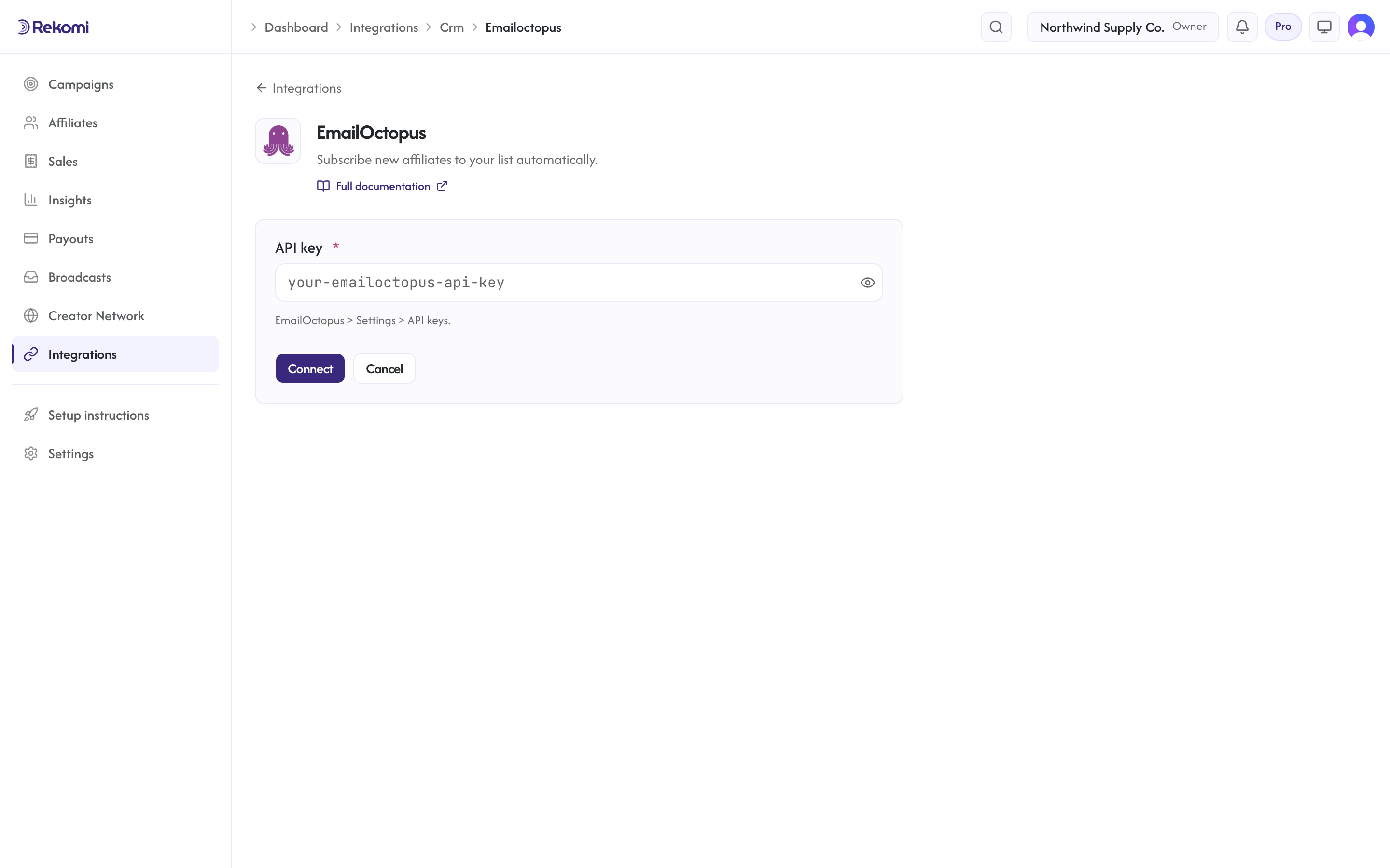 The EmailOctopus connect form in Rekomi with the API key input and Connect button