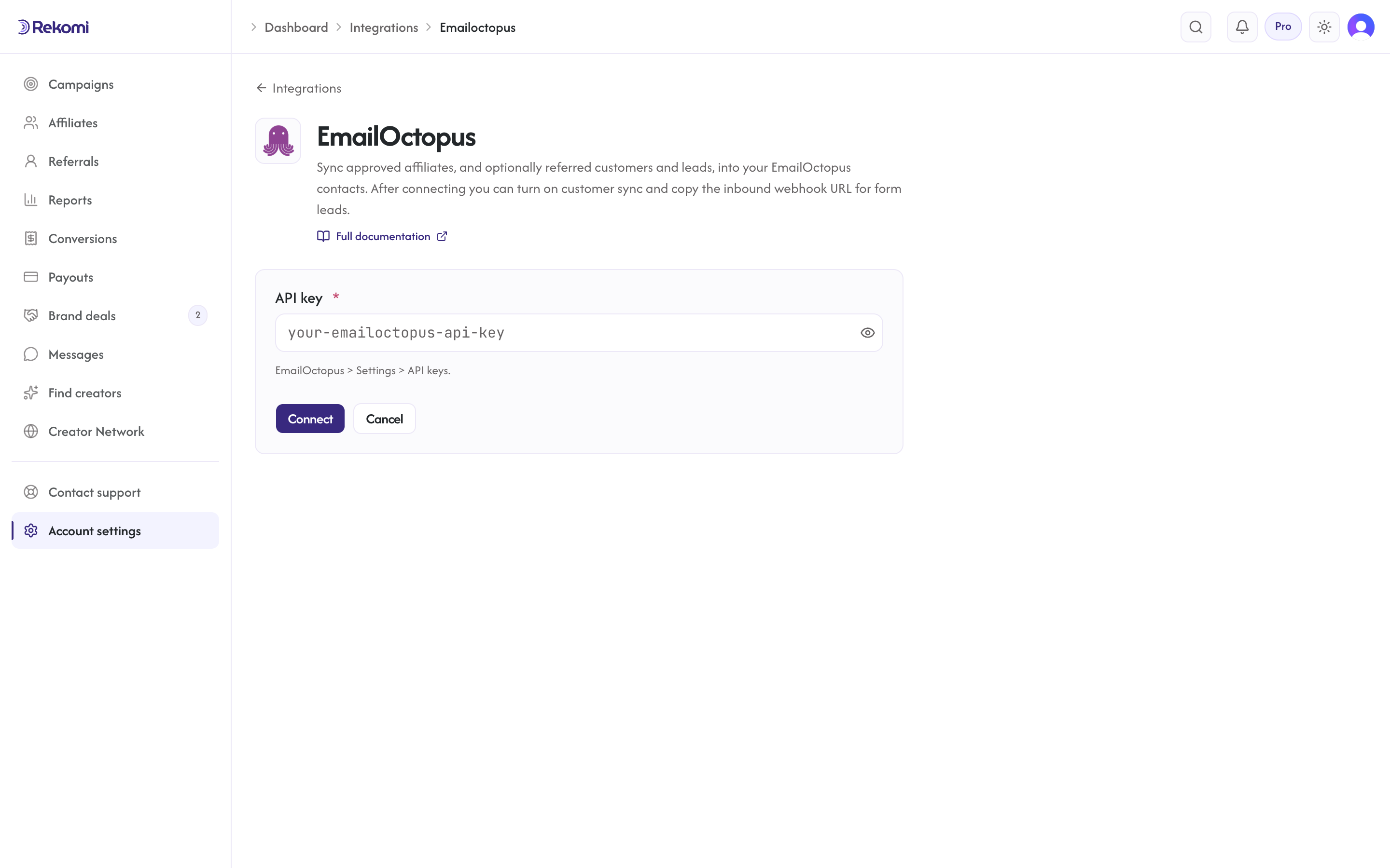 The EmailOctopus connect form in Rekomi with the API key input and Connect button