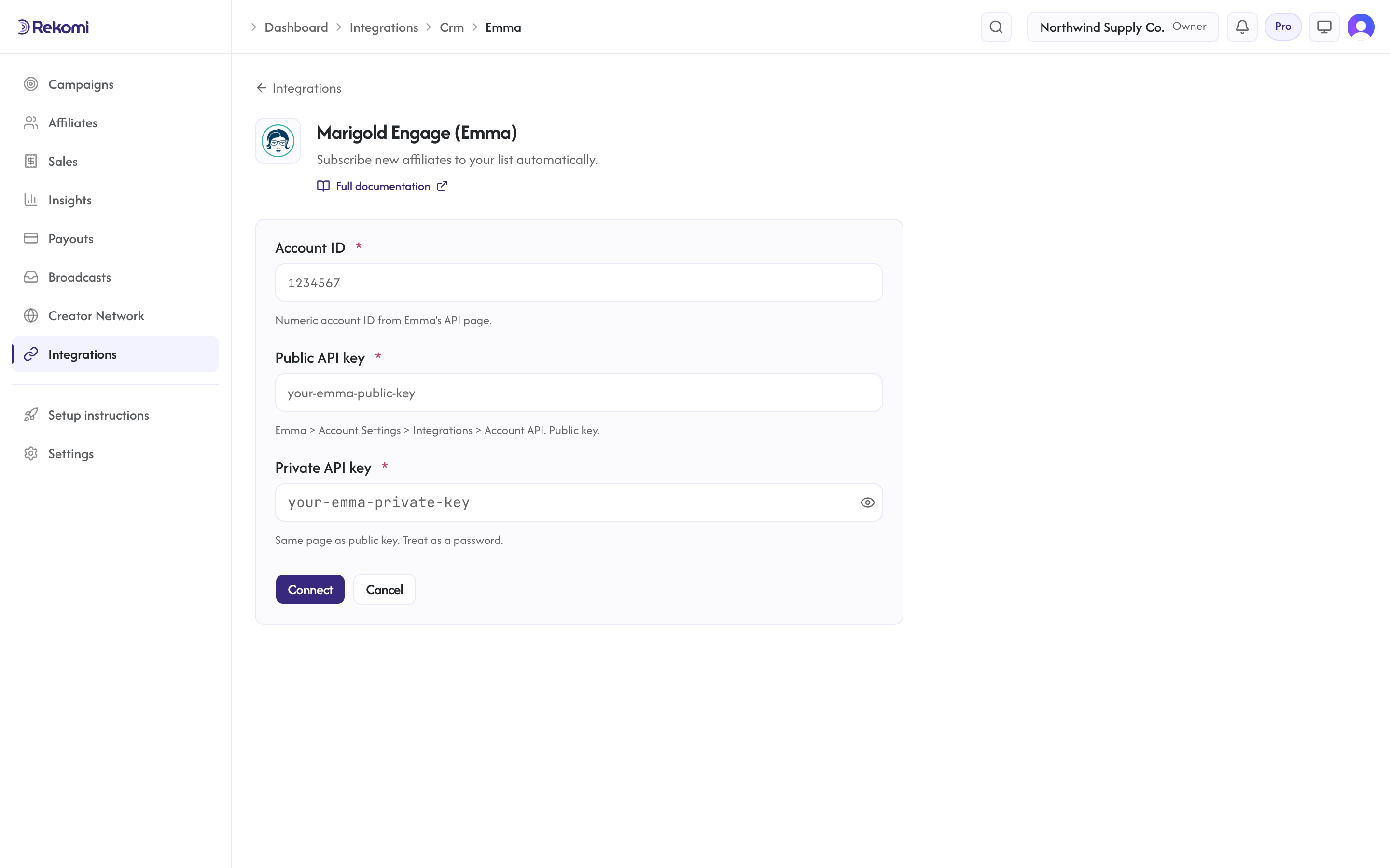 The Marigold Engage (Emma) connect form in Rekomi with the Account ID, Public API key, and Private API key inputs and Connect button