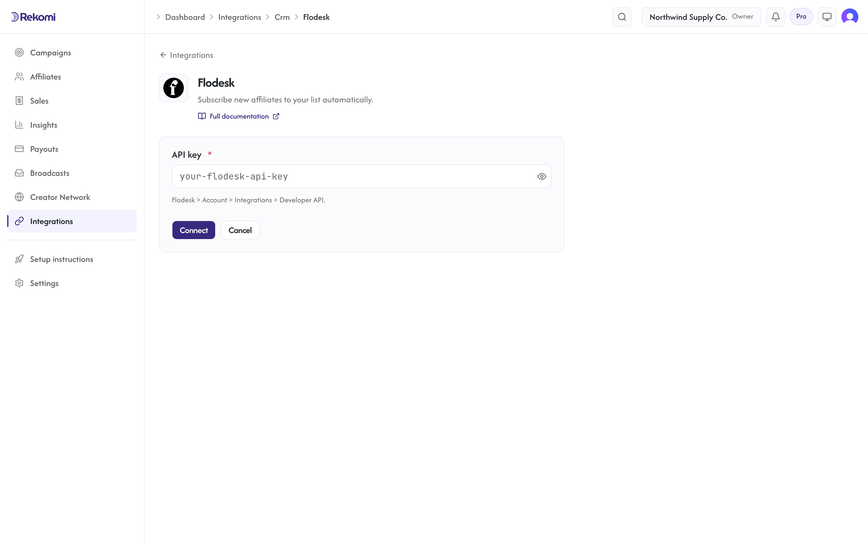 The Flodesk connect form in Rekomi with the API key input and Connect button