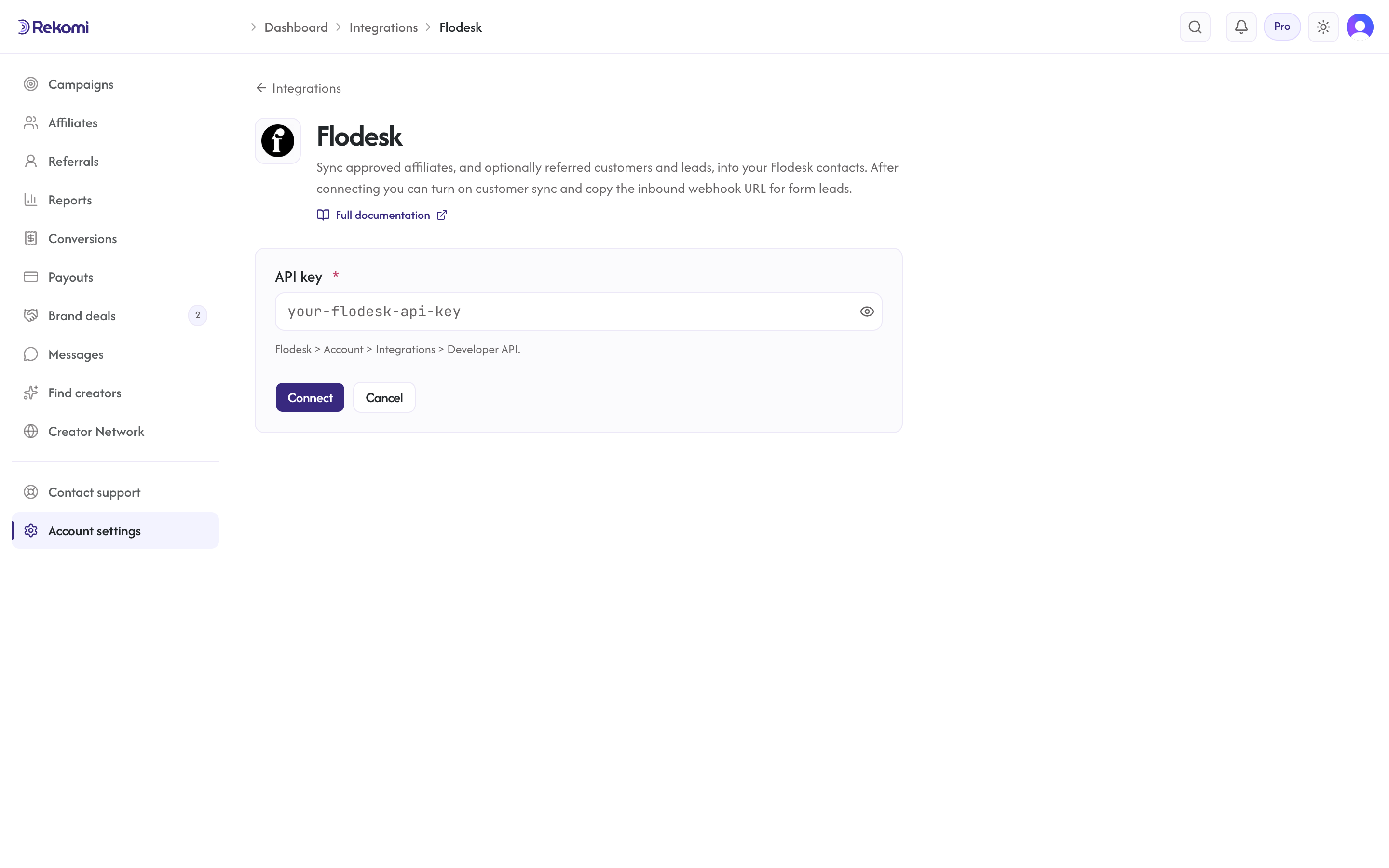 The Flodesk connect form in Rekomi with the API key input and Connect button