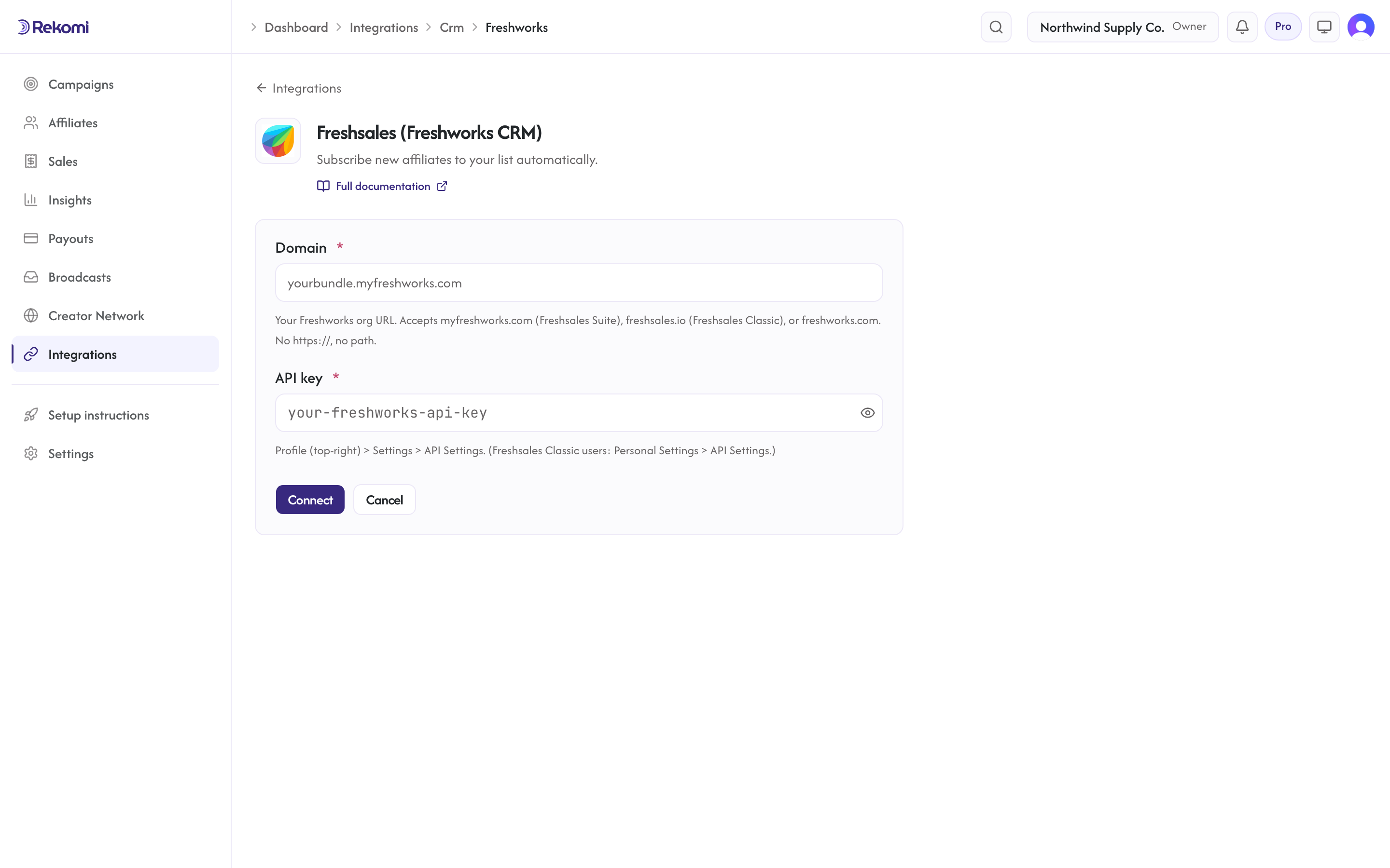 The Freshsales (Freshworks CRM) connect form in Rekomi with the Domain and API key inputs and Connect button