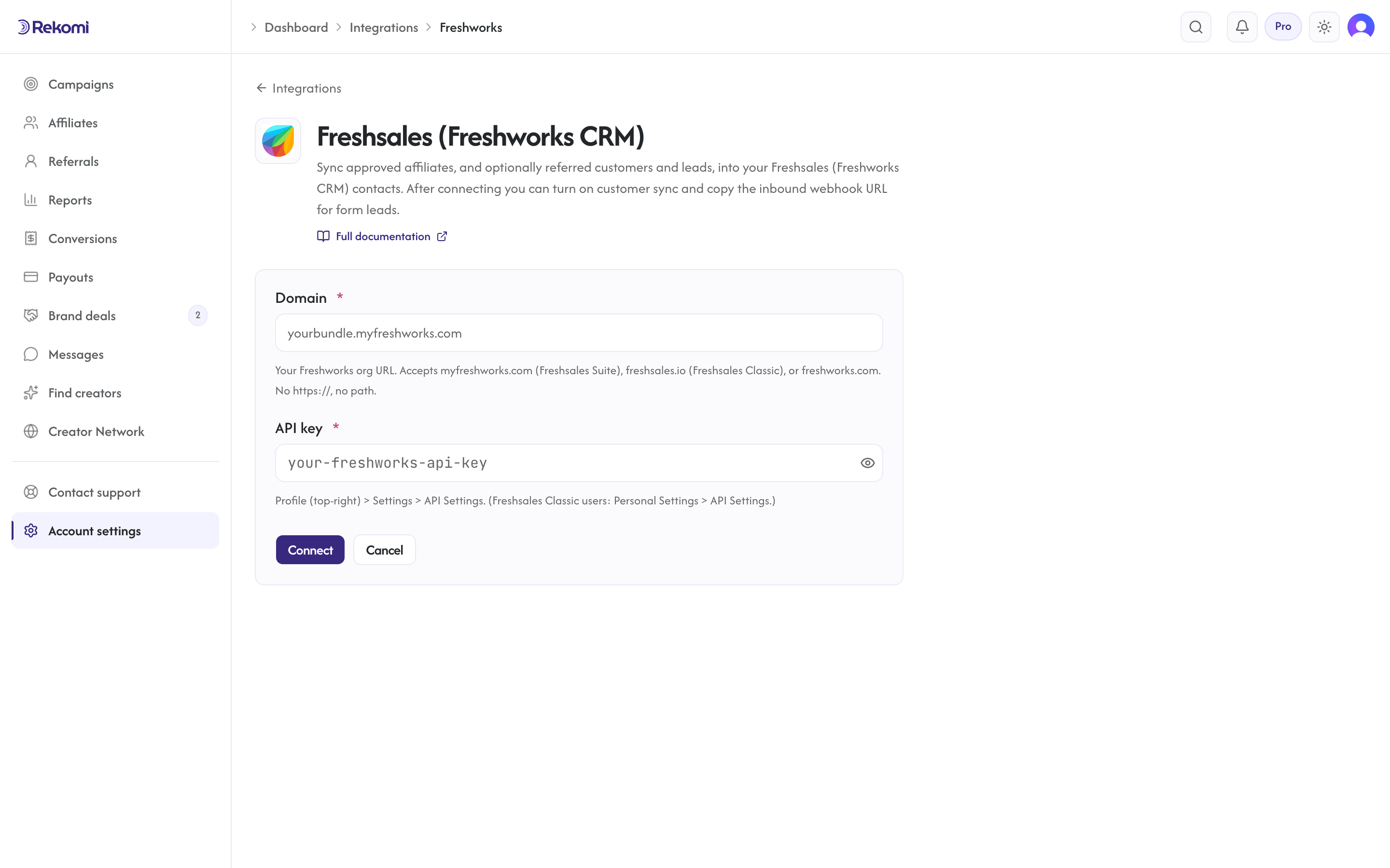 The Freshsales (Freshworks CRM) connect form in Rekomi with the Domain and API key inputs and Connect button