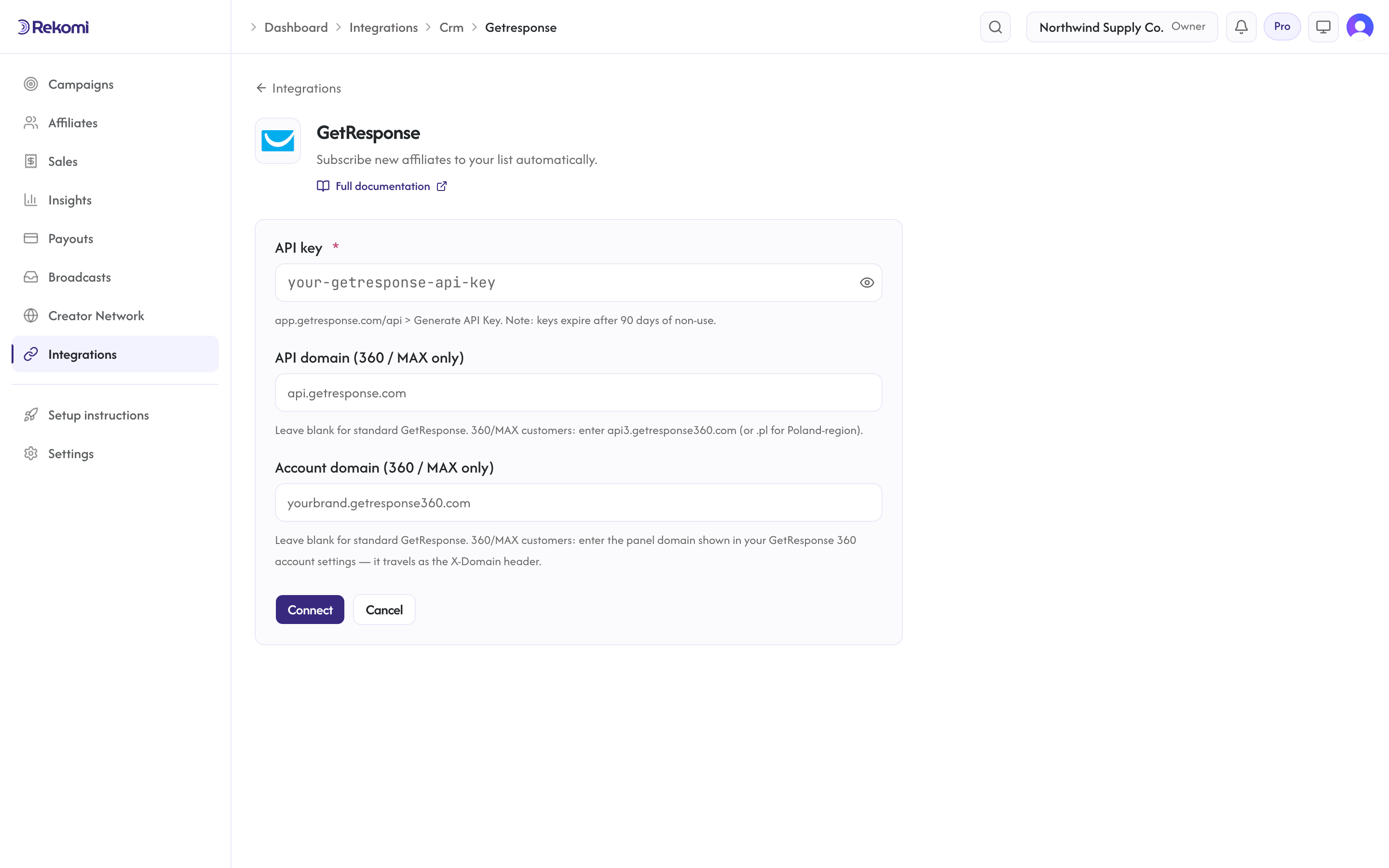 The GetResponse connect form in Rekomi with the API key, API domain (360 / MAX only), and Account domain (360 / MAX only) inputs and Connect button