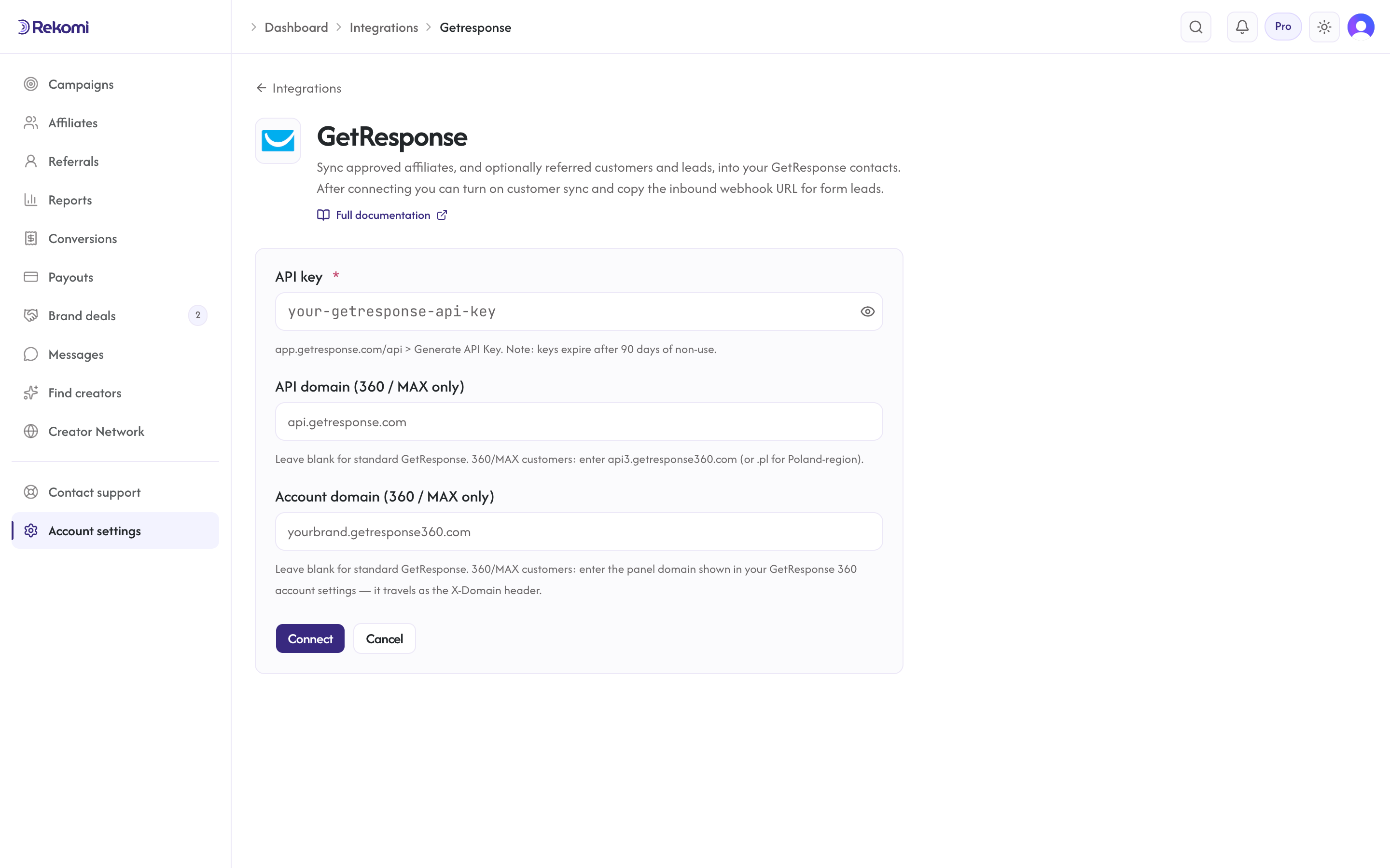 The GetResponse connect form in Rekomi with the API key, API domain (360 / MAX only), and Account domain (360 / MAX only) inputs and Connect button