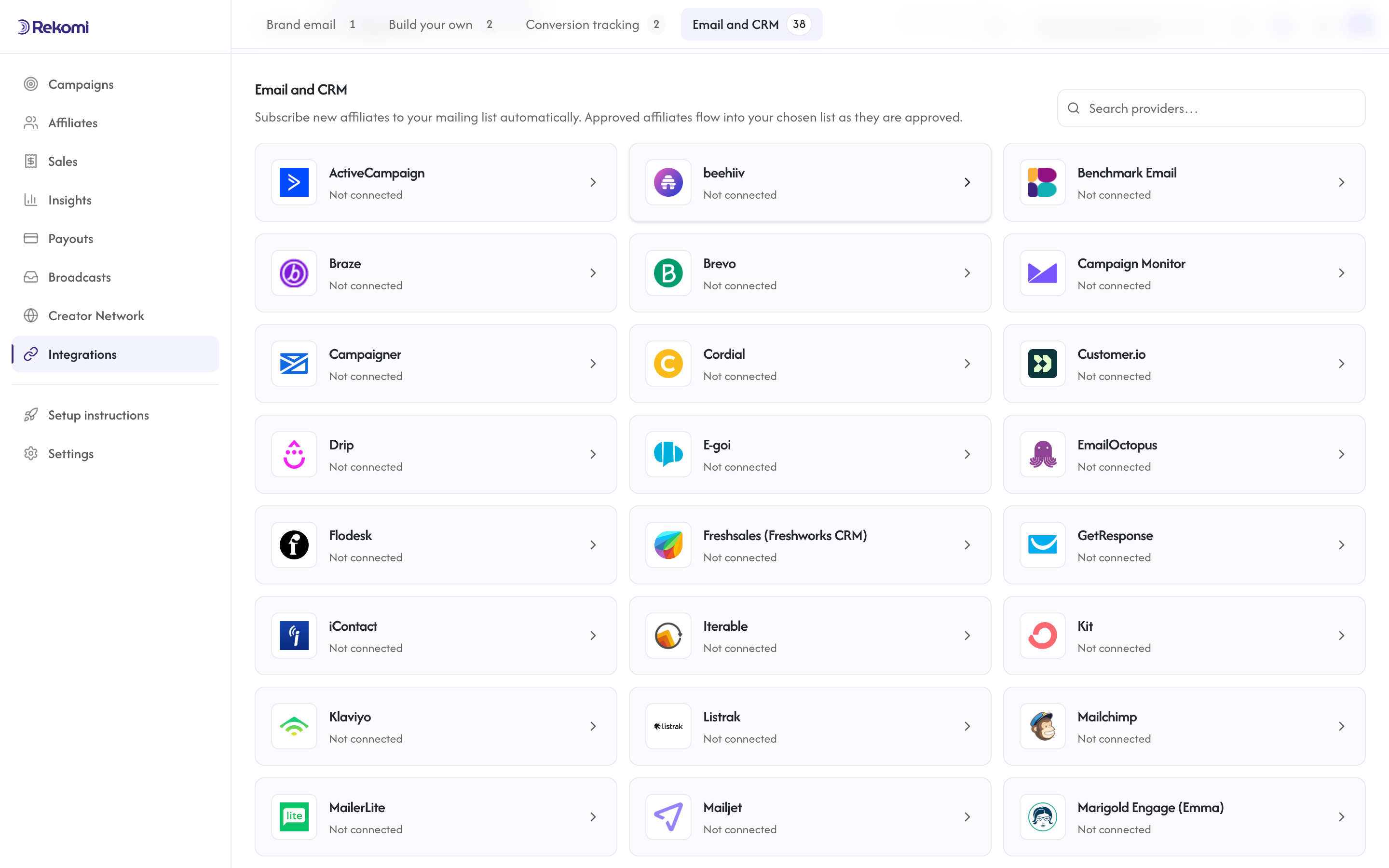 The Email and CRM provider grid in Rekomi's Integrations hub, with a search box and a card per platform
