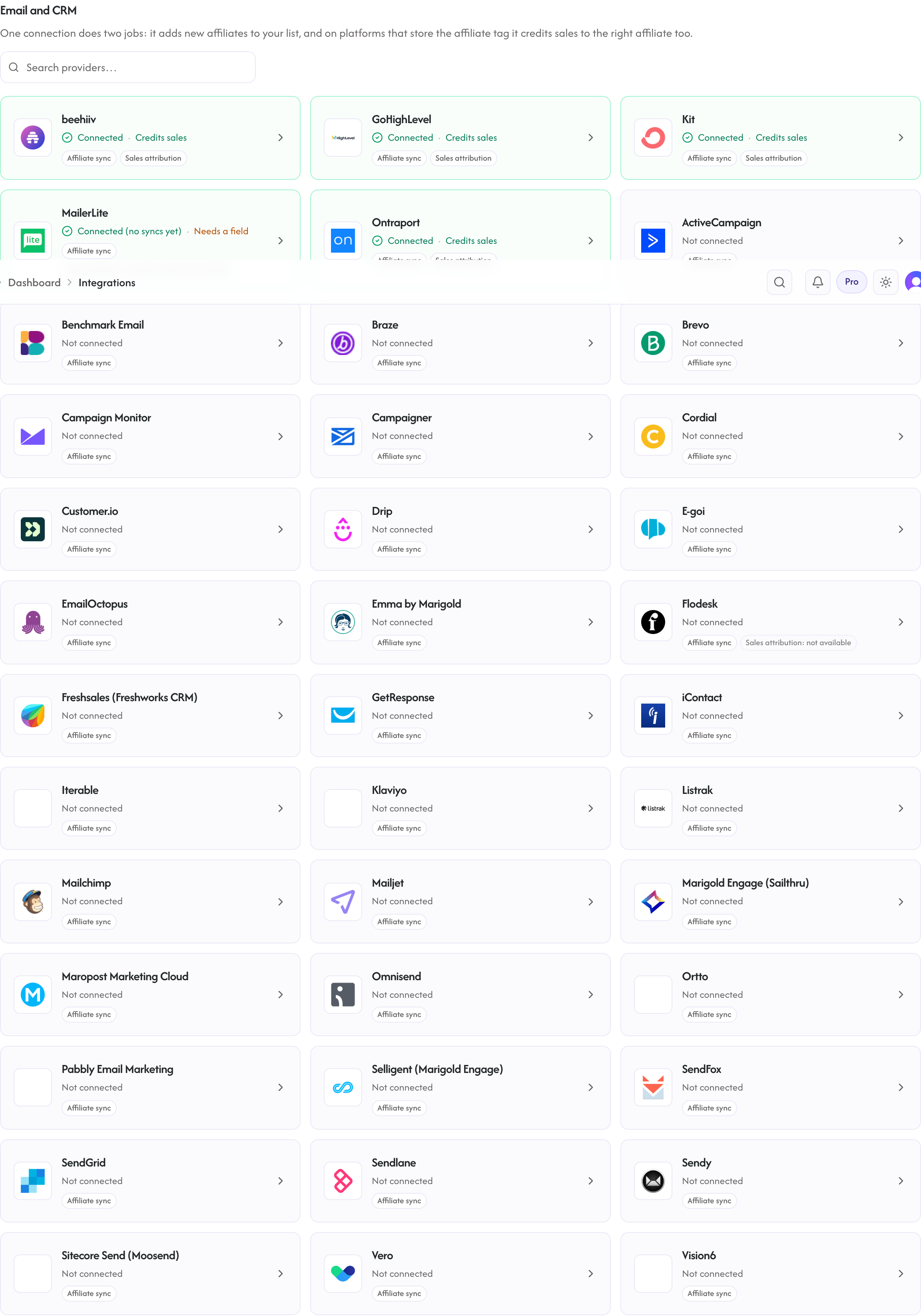 The Email and CRM provider grid in Rekomi's Integrations hub, with a search box and a card per platform