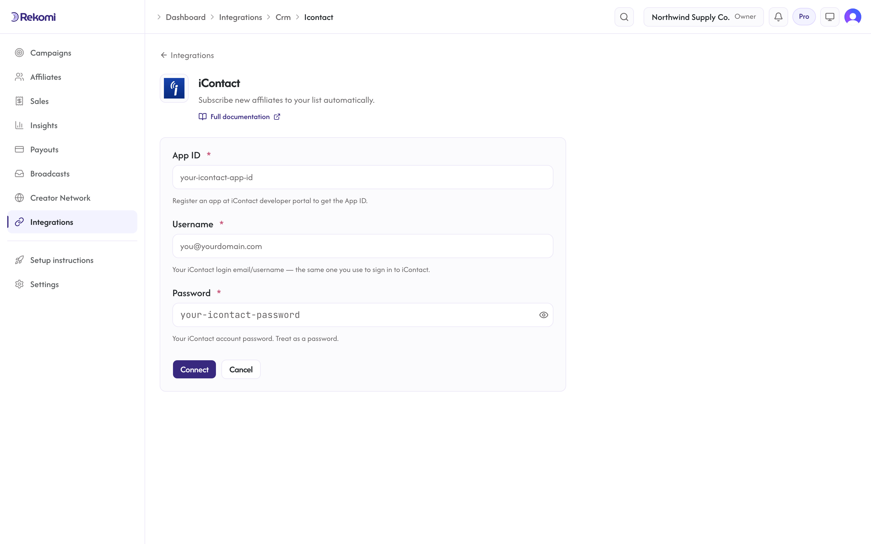 The iContact connect form in Rekomi with the App ID, Username, and Password inputs and Connect button