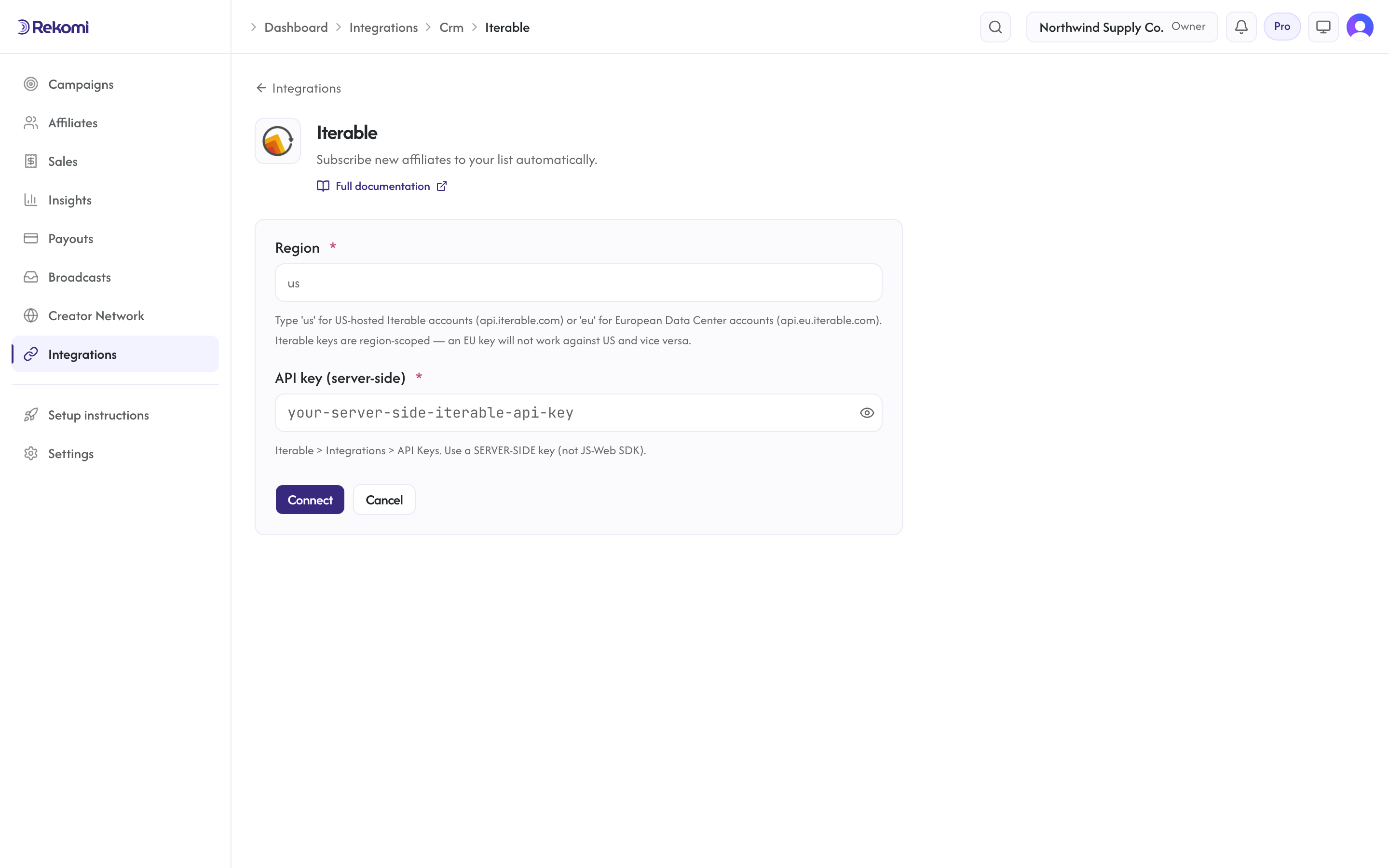 The Iterable connect form in Rekomi with the Region and API key inputs and Connect button