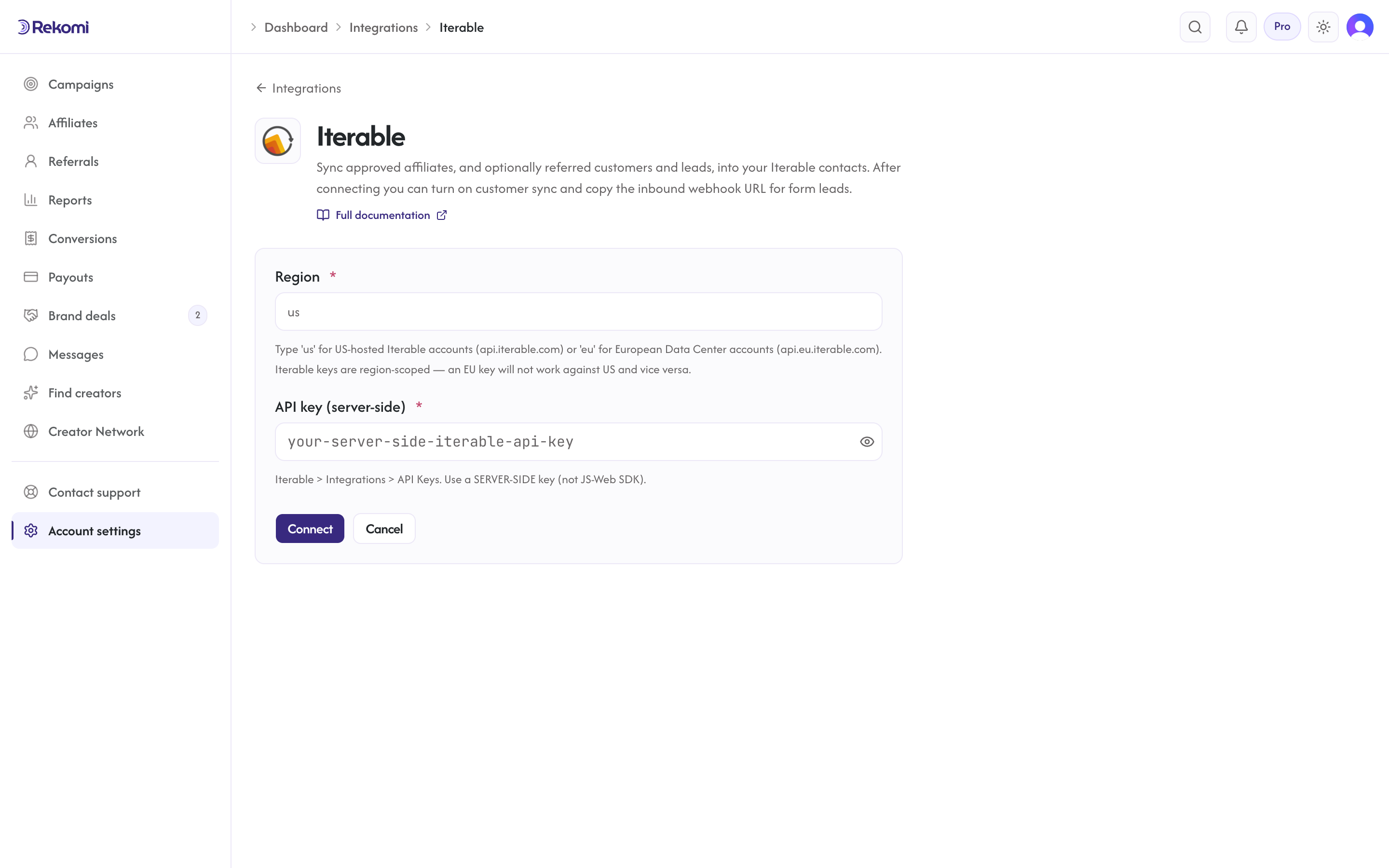 The Iterable connect form in Rekomi with the Region and API key inputs and Connect button