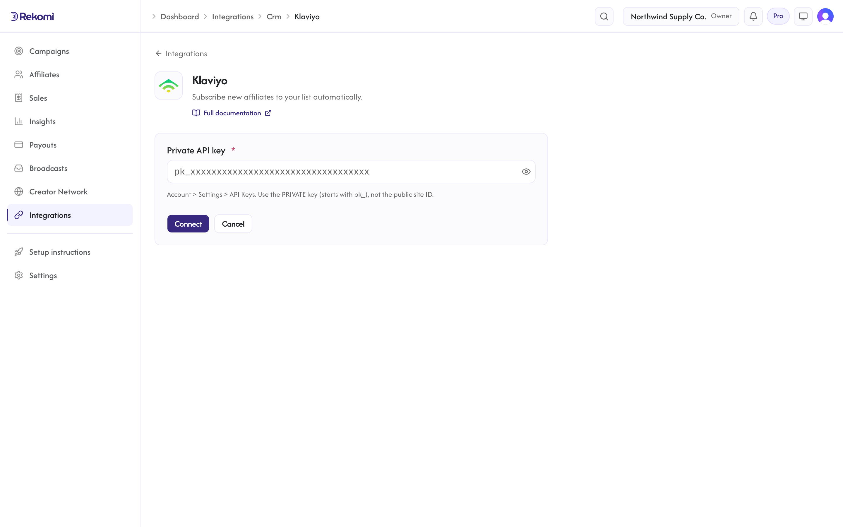 The Klaviyo connect form in Rekomi with the Private API key input and Connect button