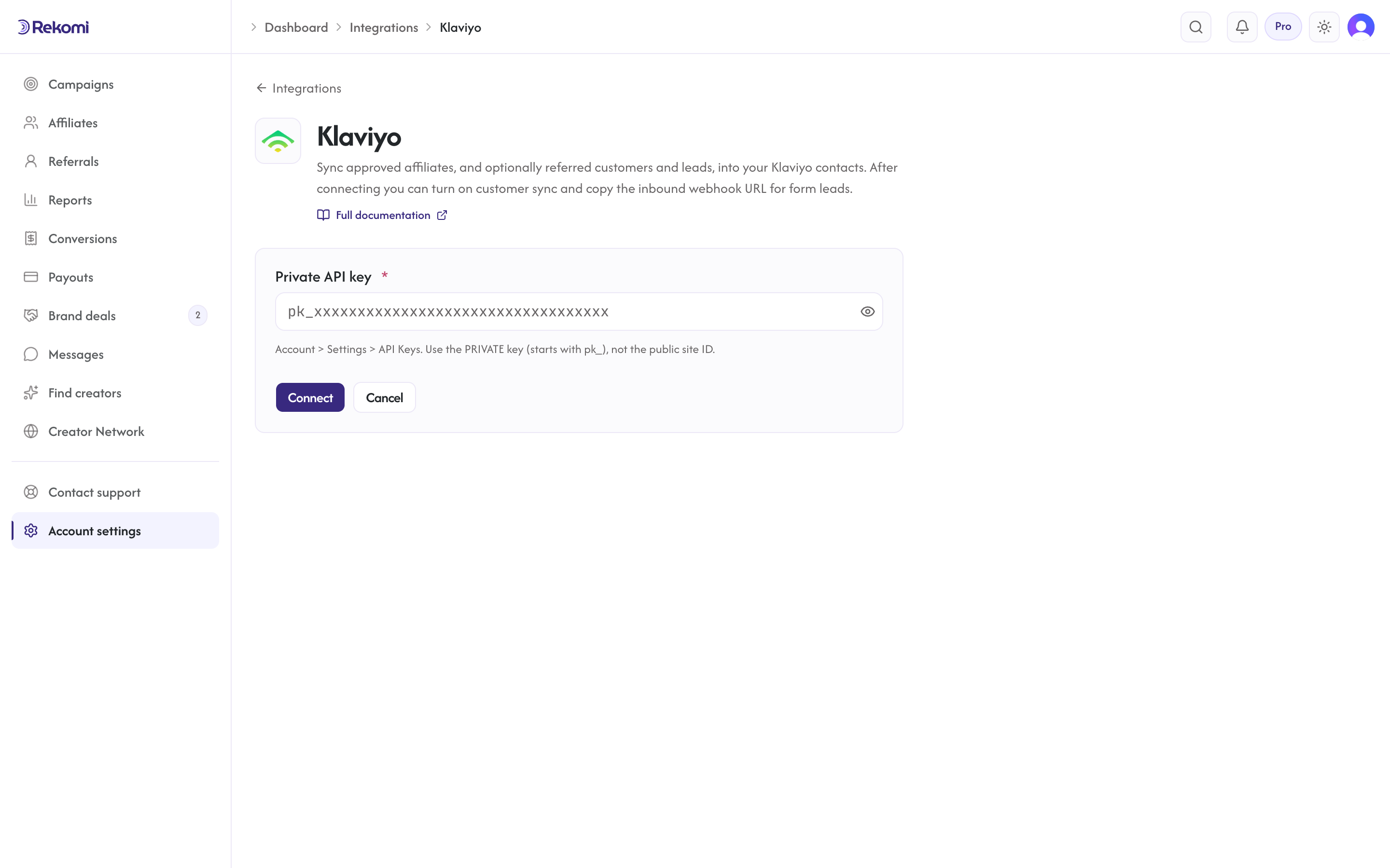 The Klaviyo connect form in Rekomi with the Private API key input and Connect button