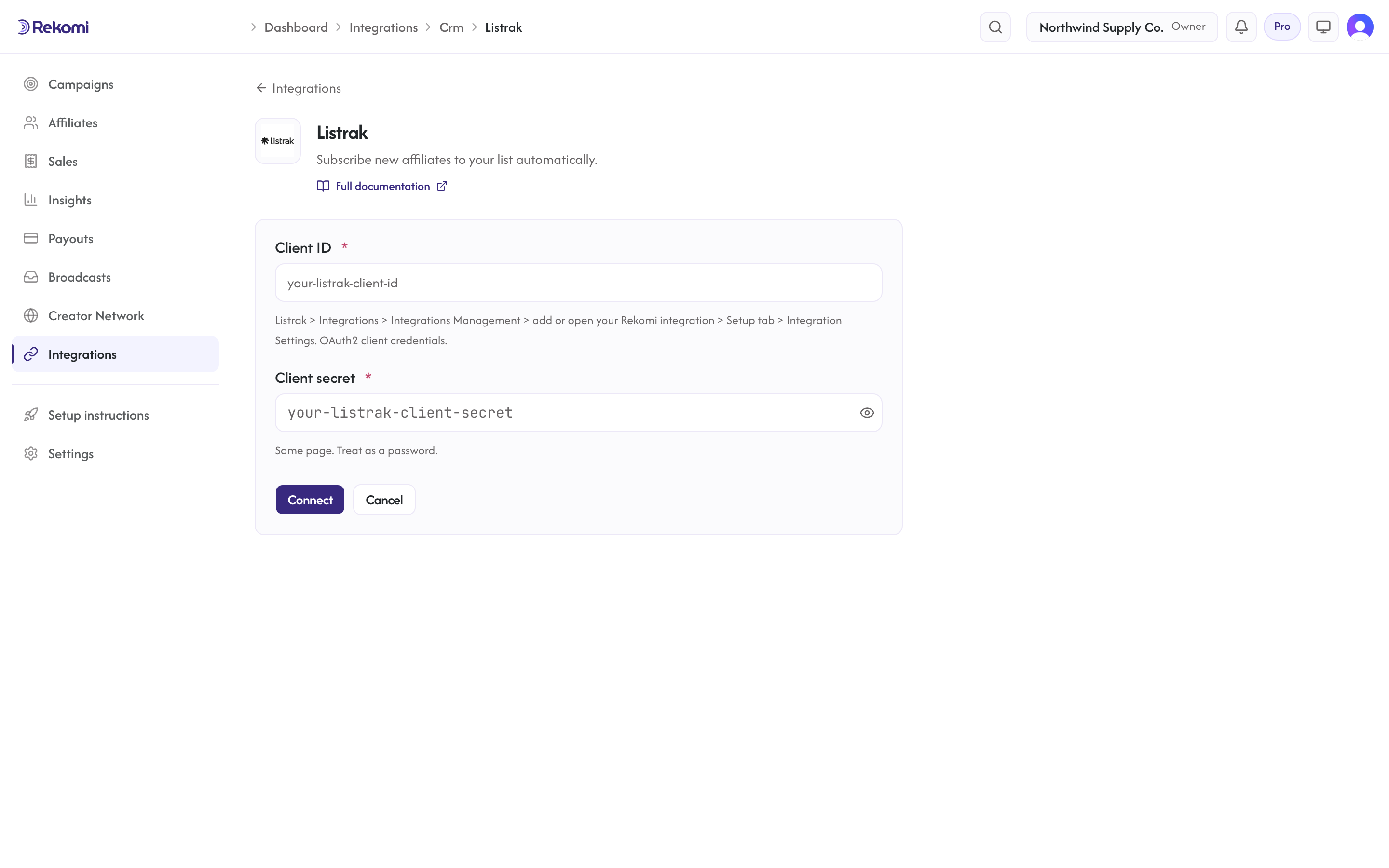 The Listrak connect form in Rekomi with the Client ID and Client secret inputs and Connect button