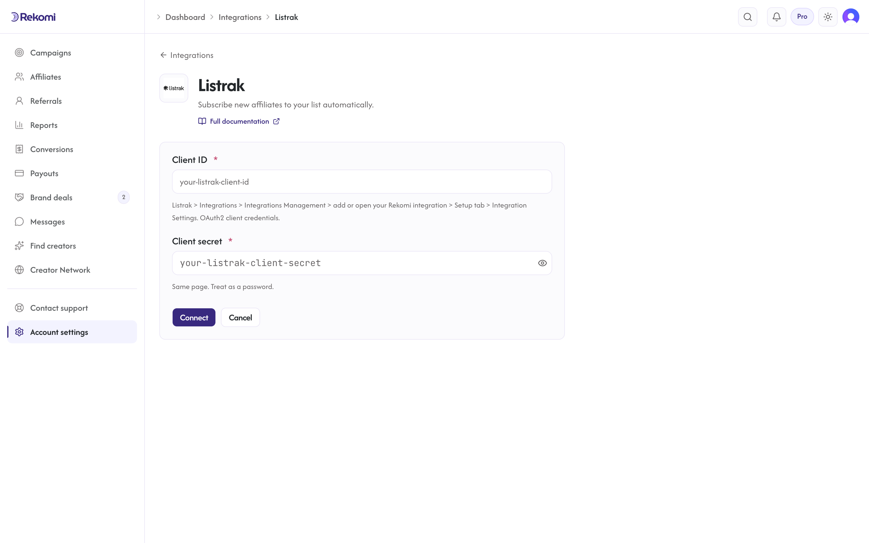 The Listrak connect form in Rekomi with the Client ID and Client secret inputs and Connect button